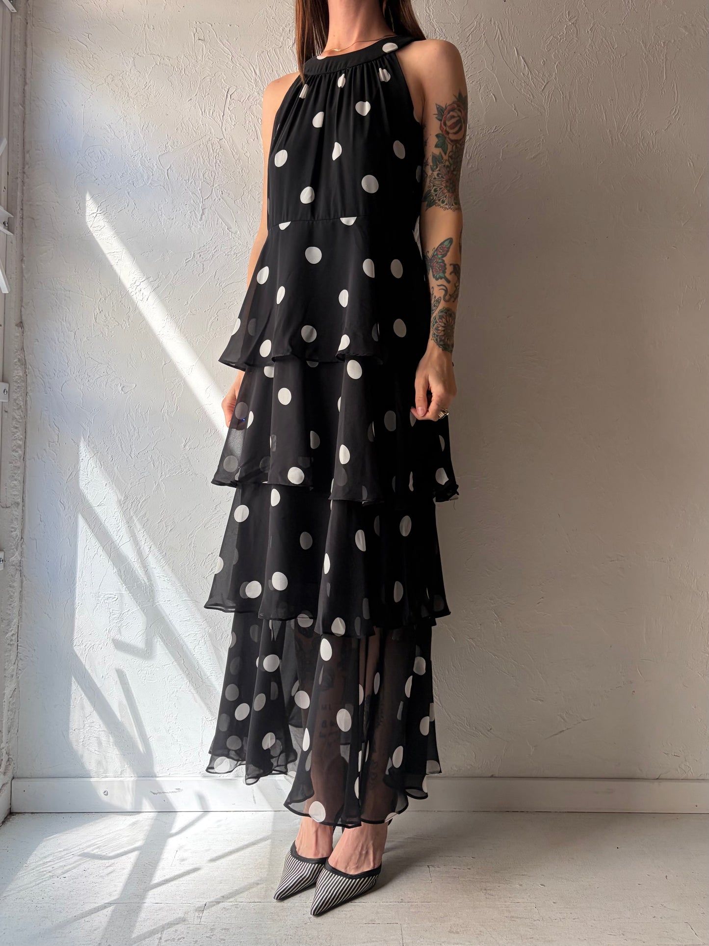 Y2k 'Laura' Black Polka Dot Ruffle Maxi Spring Dress / Medium