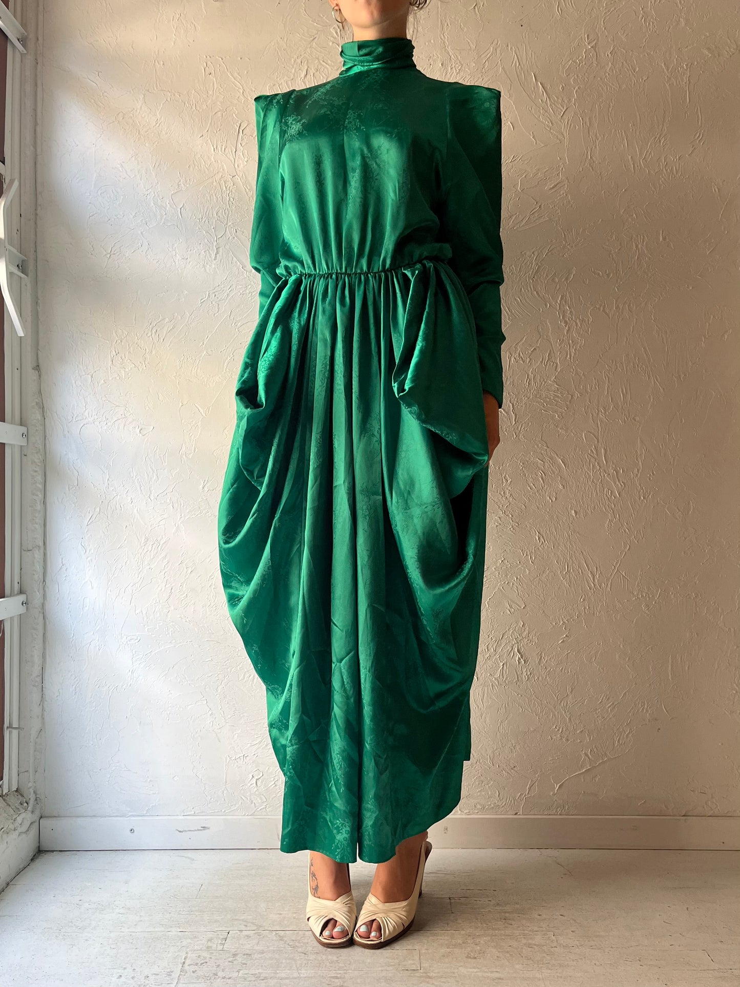 80s Emerald Green Retro Floral Embossed Maxi Formal Party Dress / Small
