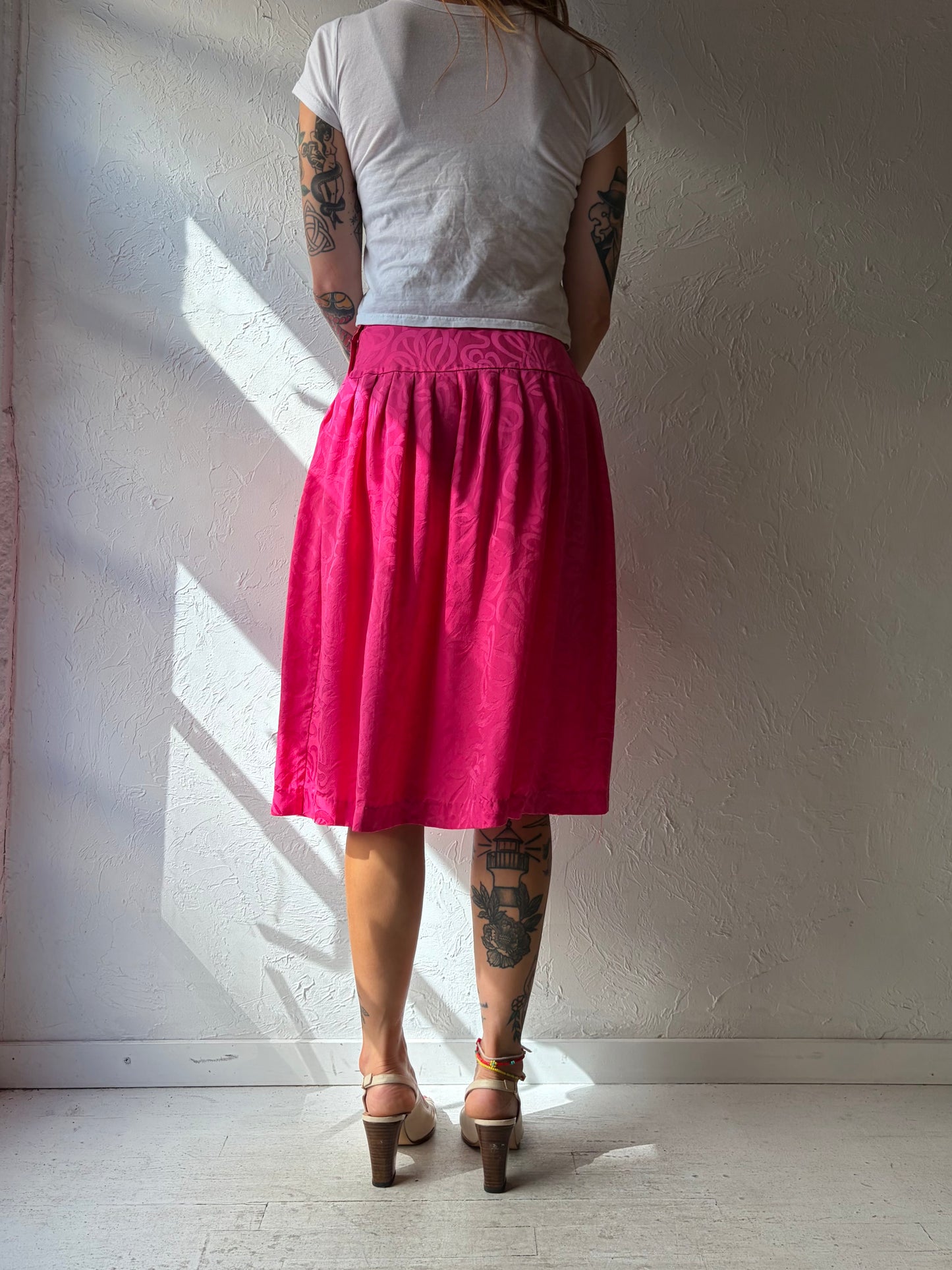 80s 'Argenti' Pink Silk Midi Skirt / Small