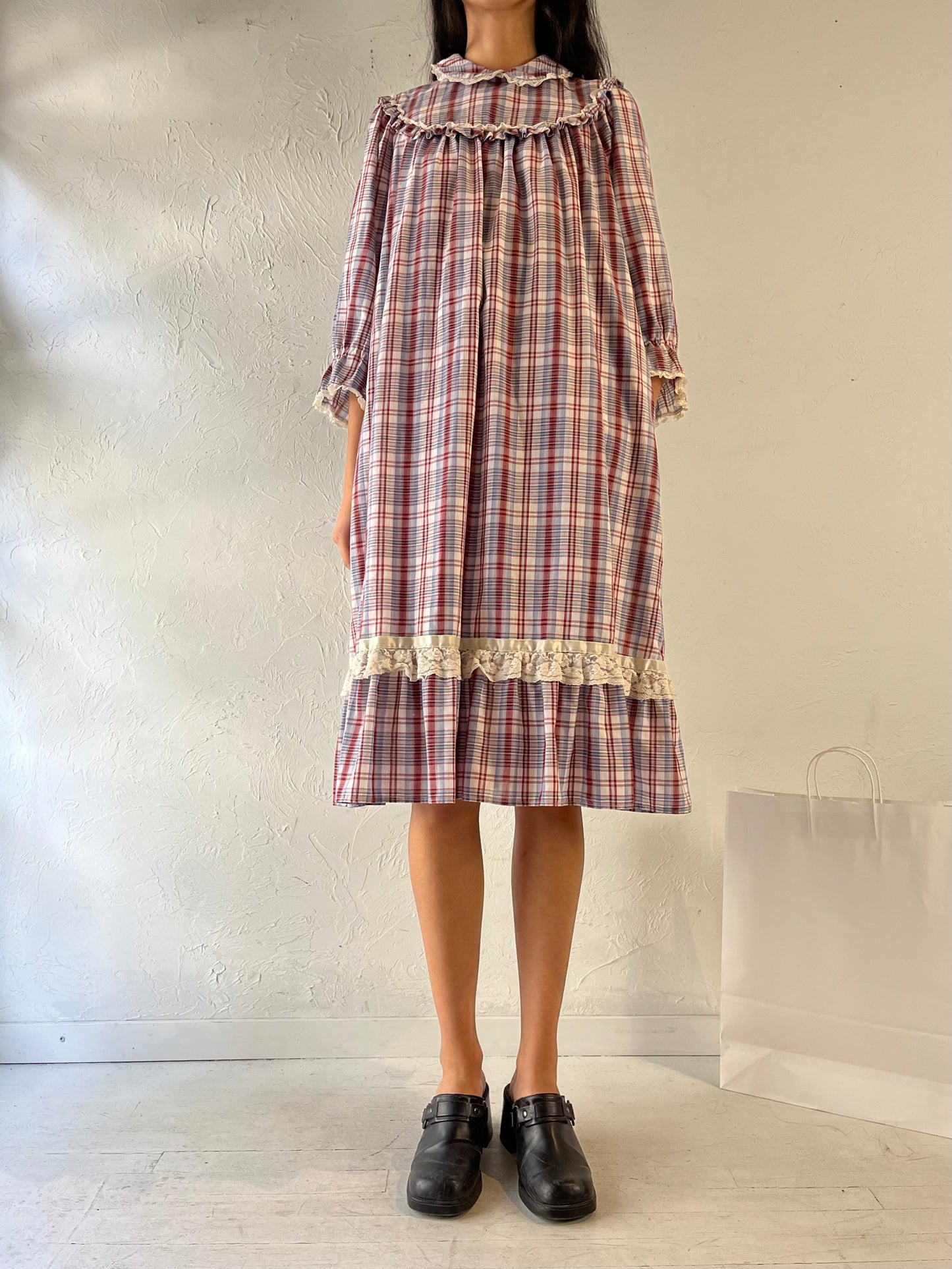 Vintage Handmade Plaid Peasant Dress / Medium