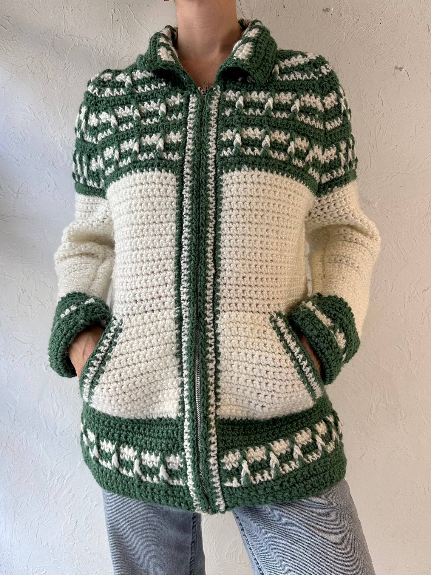 Vintage Hand Knit Green and White Acrylic Cardigan Sweater / Medium - Large