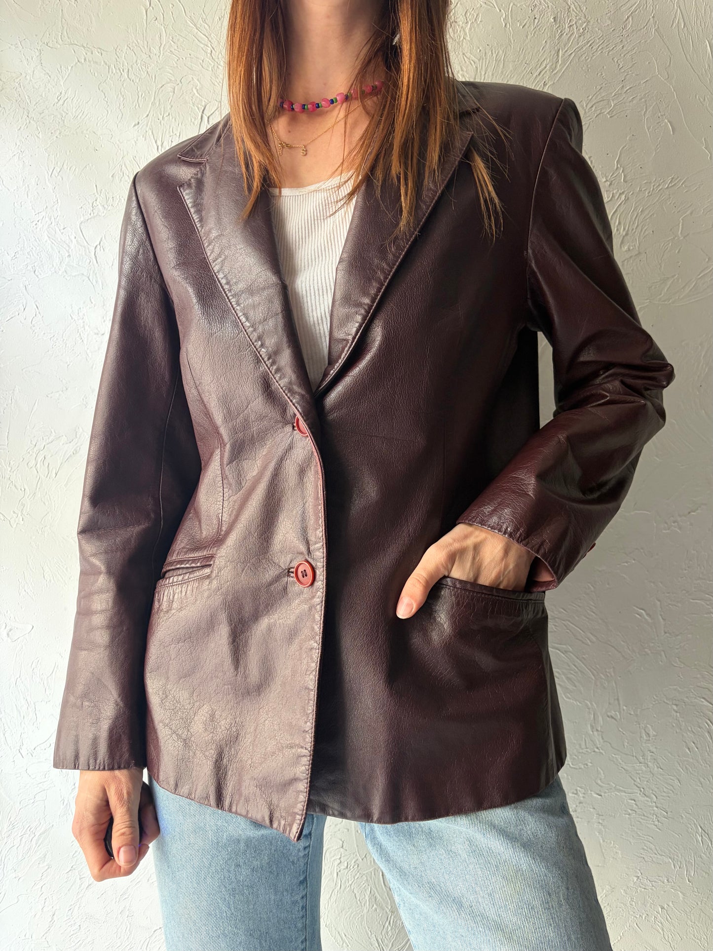 90s 'Danier' Burgundy Leather Minimalist Blazer Jacket / Vintage 1990s Classic Jacket / Small