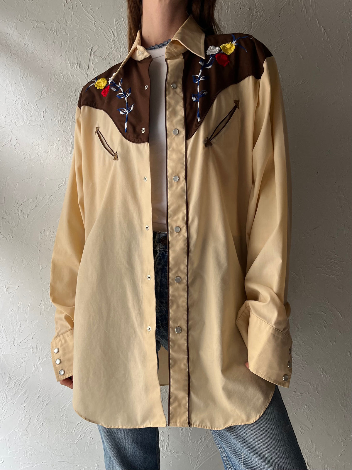 70s 'Barb' Tan Embroidered Western Cowboy Pearl Snap Up Shirt / XL