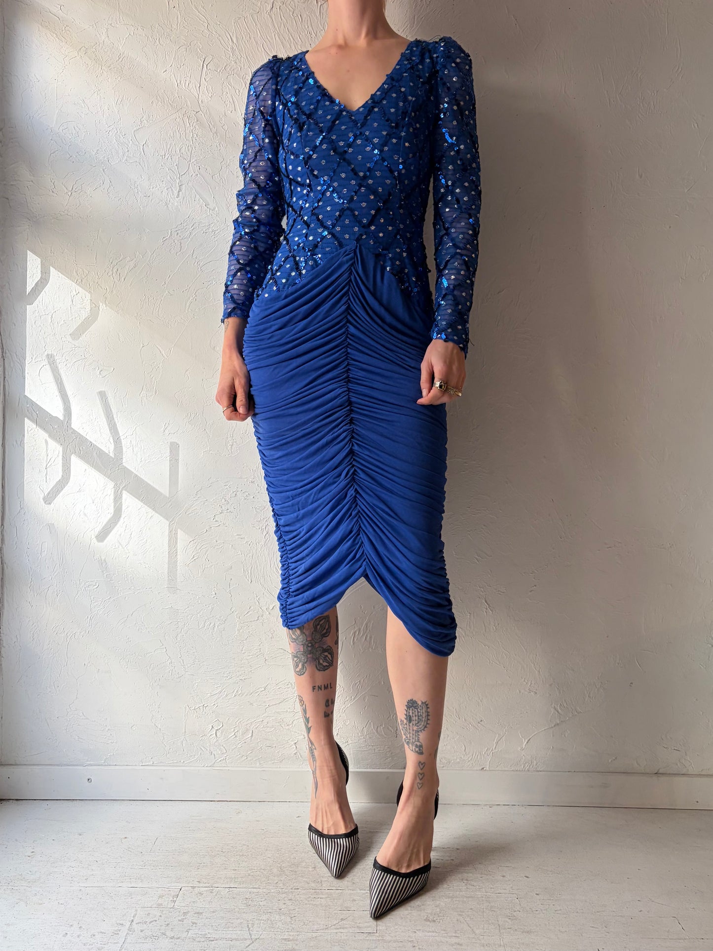 80s 'PS I Love You' Blue Ruched Sequin Dress / Medium