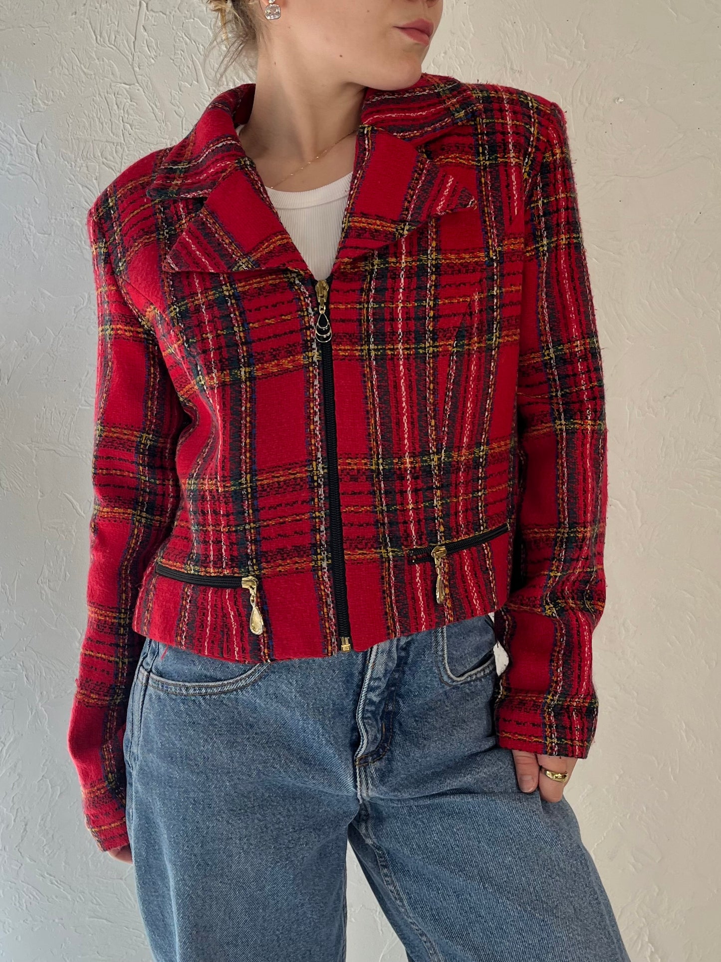 90s 'Lori Ann' Red Plaid Blazer Jacket / Medium