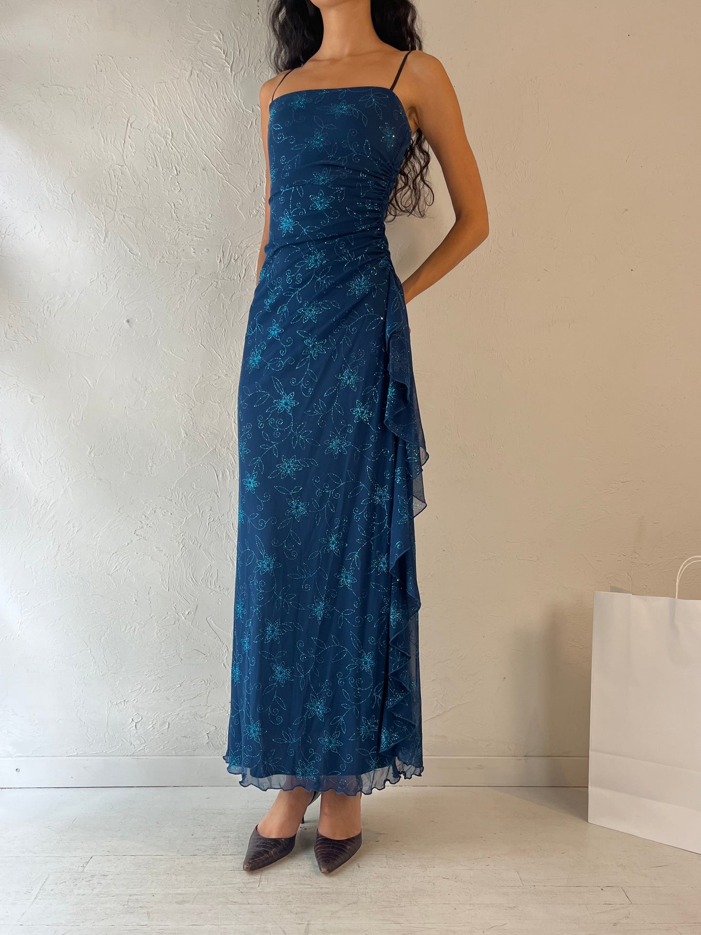 90s 'Mariposa' Blue Sparkly Dress / Small