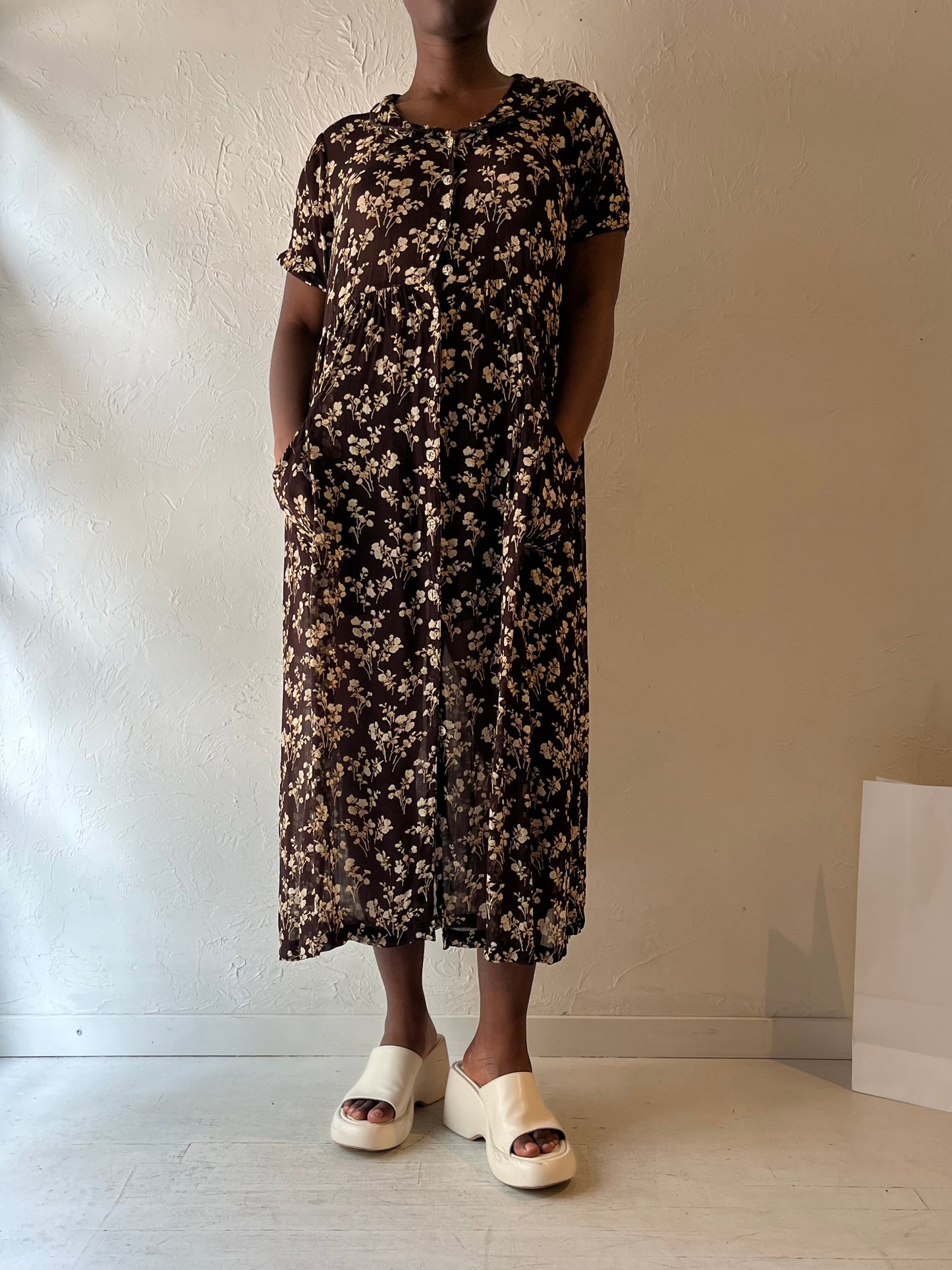 90s 'April Cornell' Brown Floral Print Rayon Midi Dress / Large