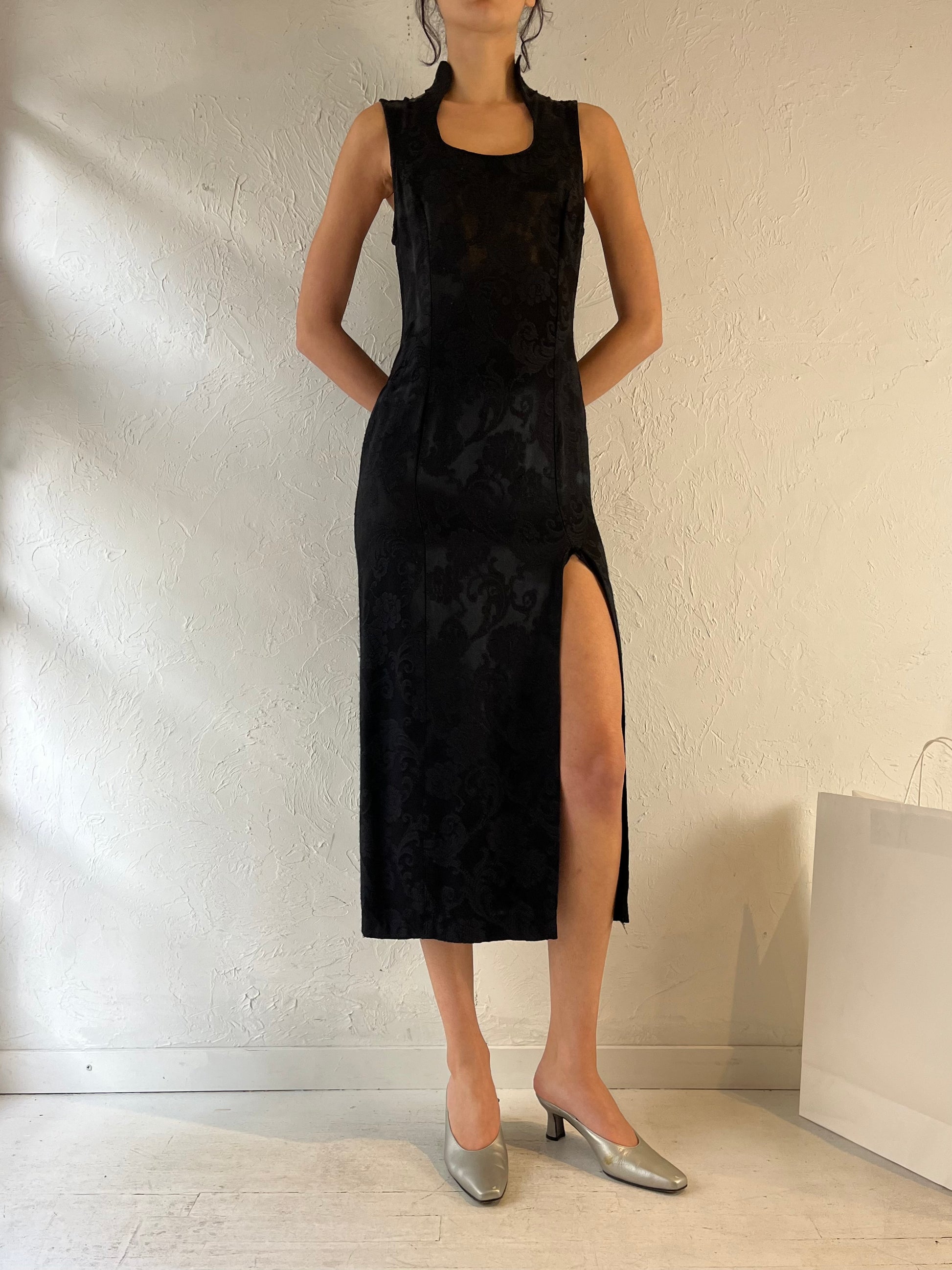 90s ‘Le Chateau’ Black Embossed Midi Dress / Small