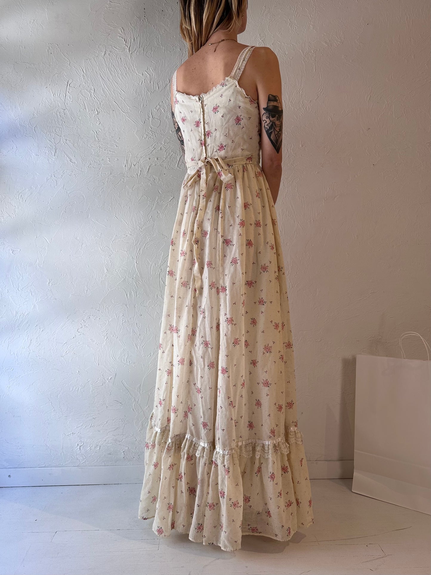 70s 'Gunne Sax' Cream Floral Print Sleeveless Dress / Small