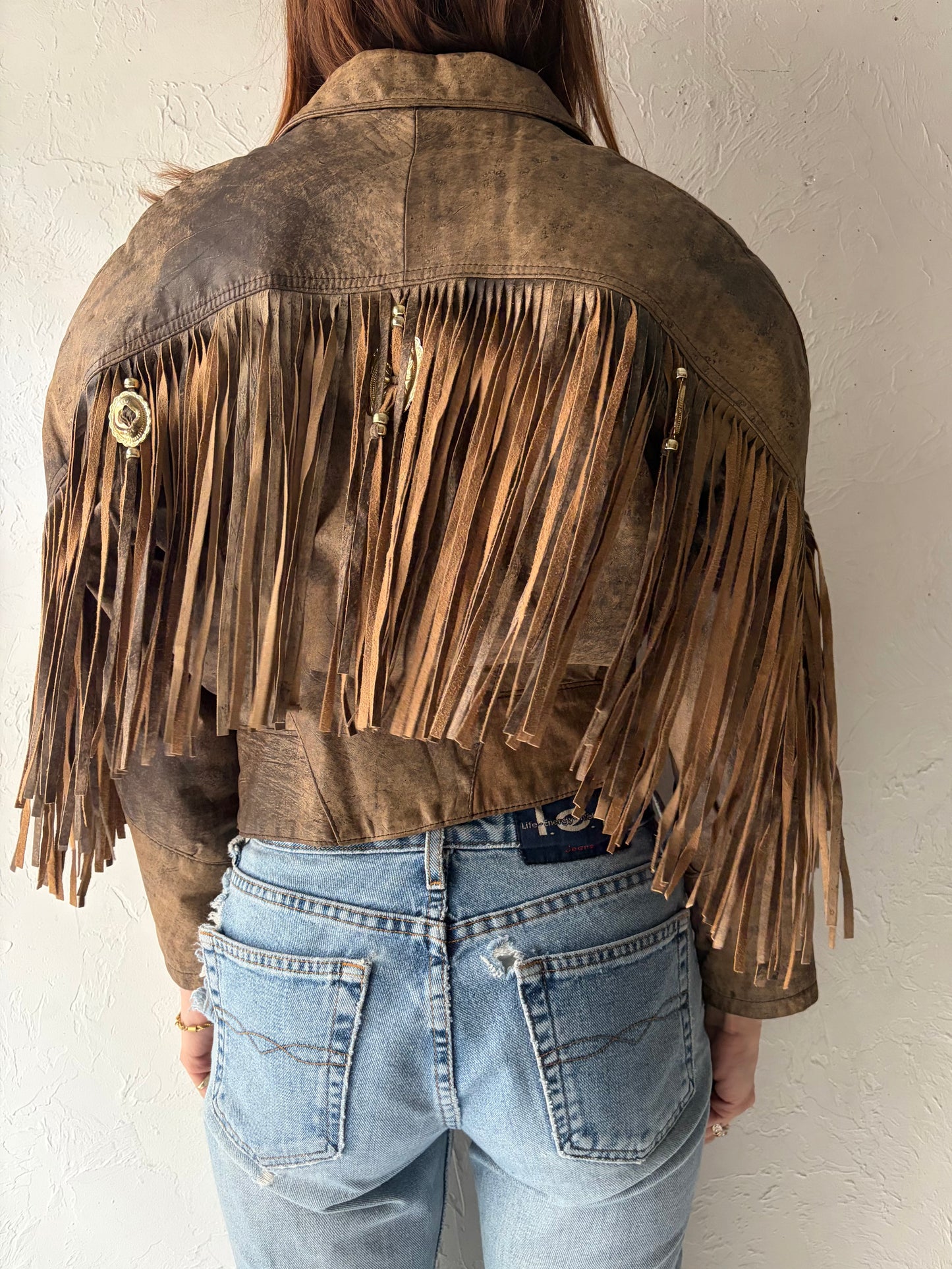 80s 'Pelican Cove' Brown Leather Western Fringe Jacket / Small