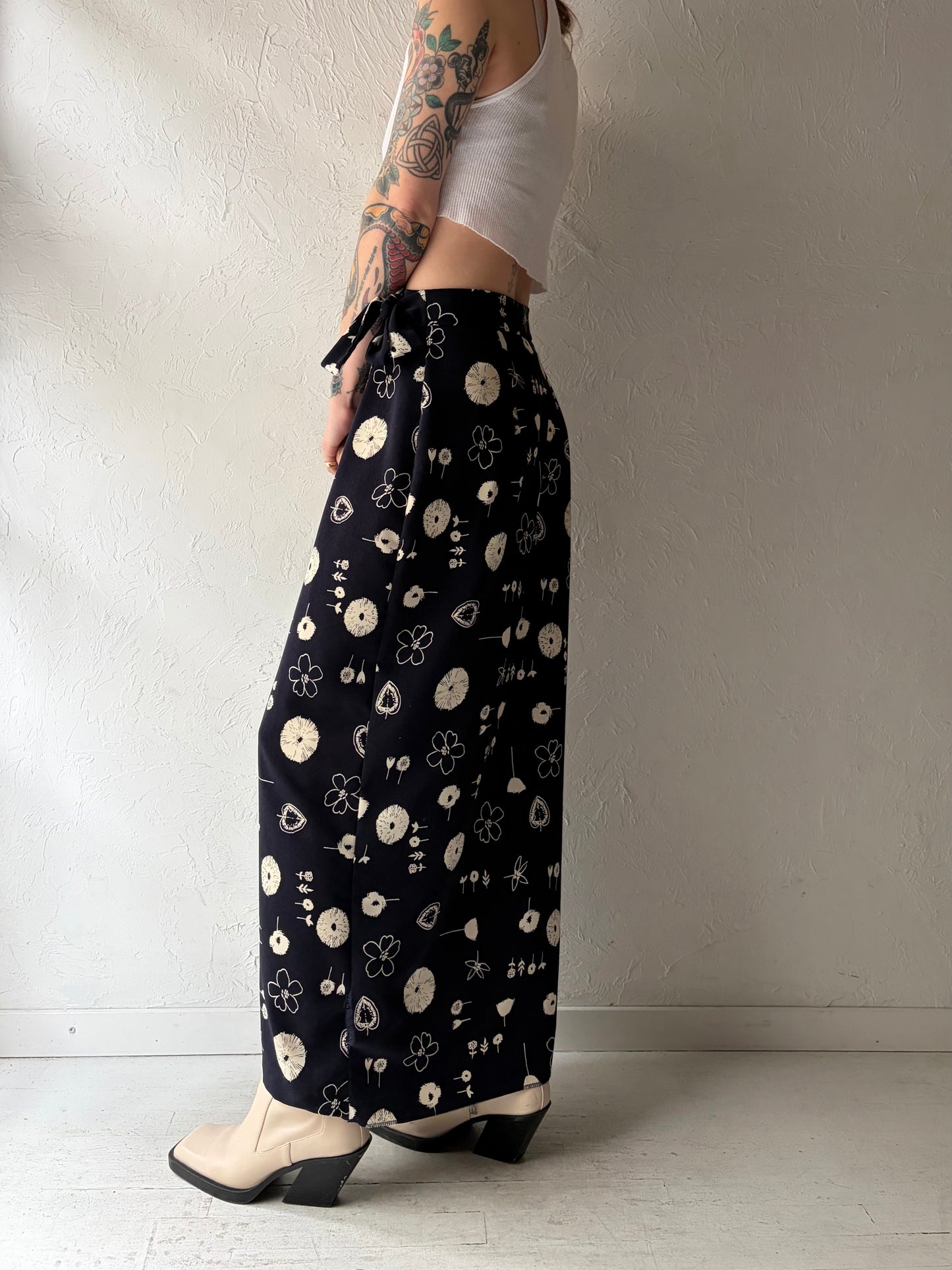 90s 'Beechers Brook' Floral Navy Blue Wrap Maxi Skirt / Small