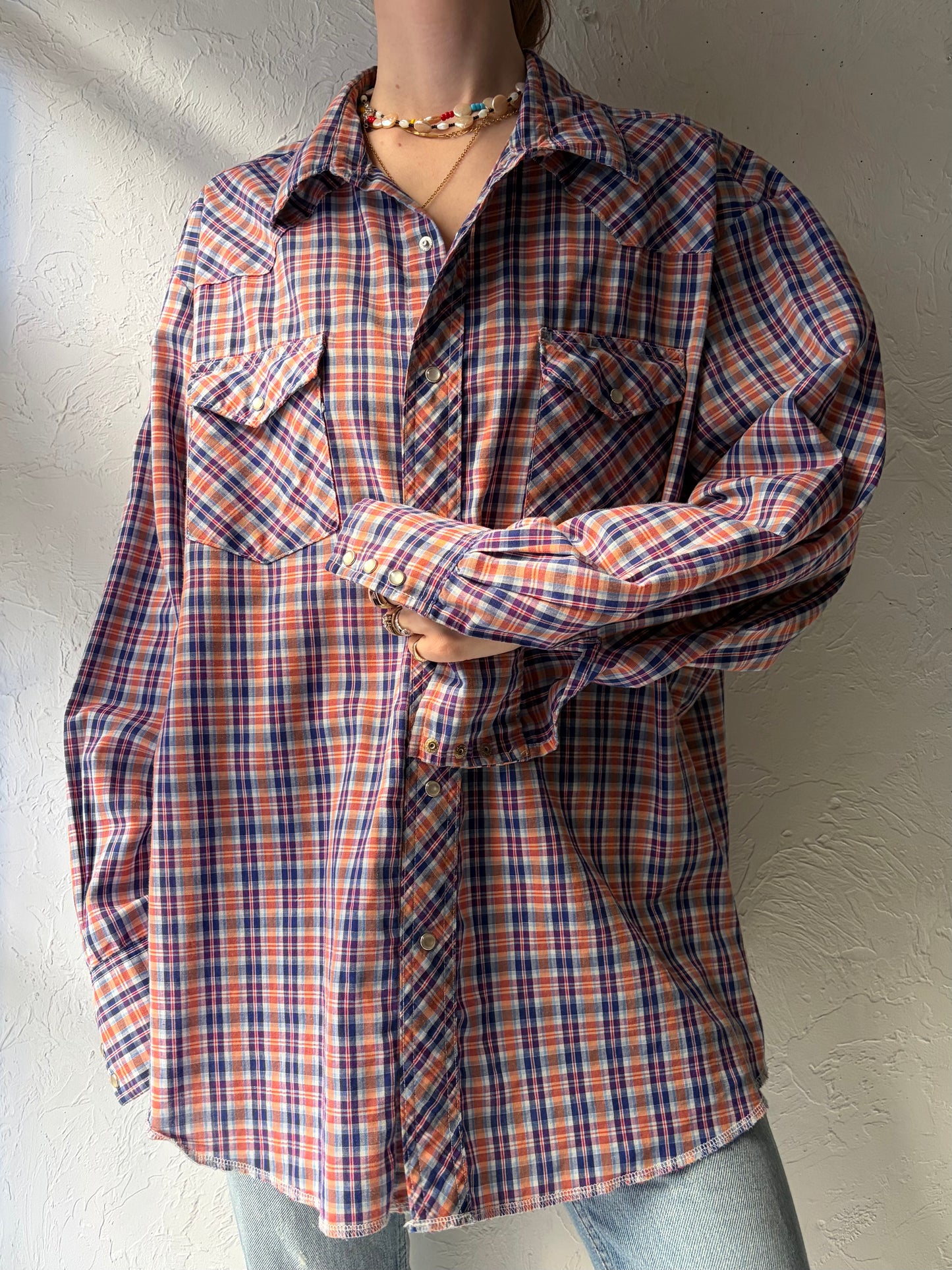 90s ‘Wrangler' Blue Plaid Snap up Western Shirt / XL