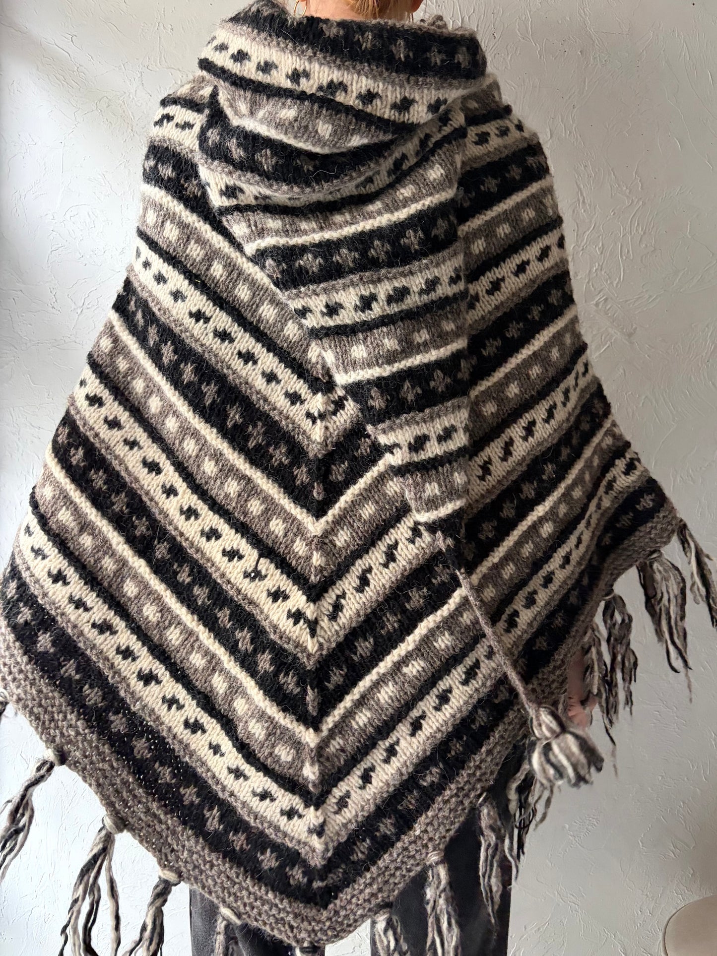Vintage Hand Knit Wool Hooded Poncho / Small