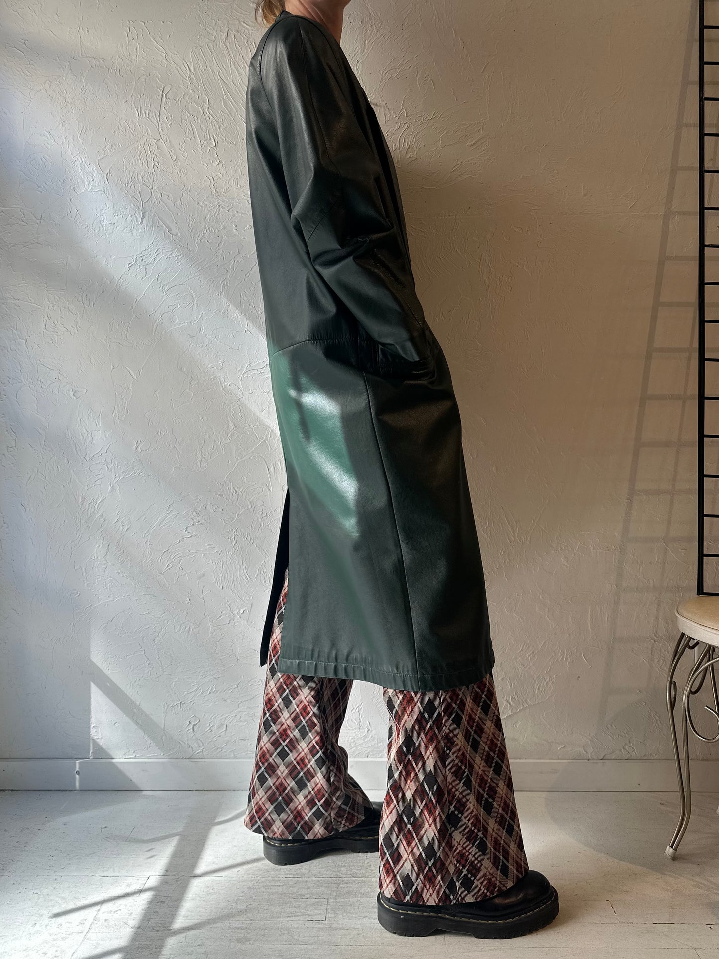 90s 'Charles Klein' Green Leather Coat / Medium