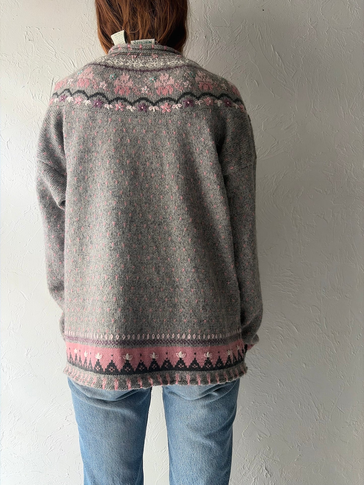90s 'Northern Reflections' Grey Knit Cottagecore Cardigan Sweater / XL