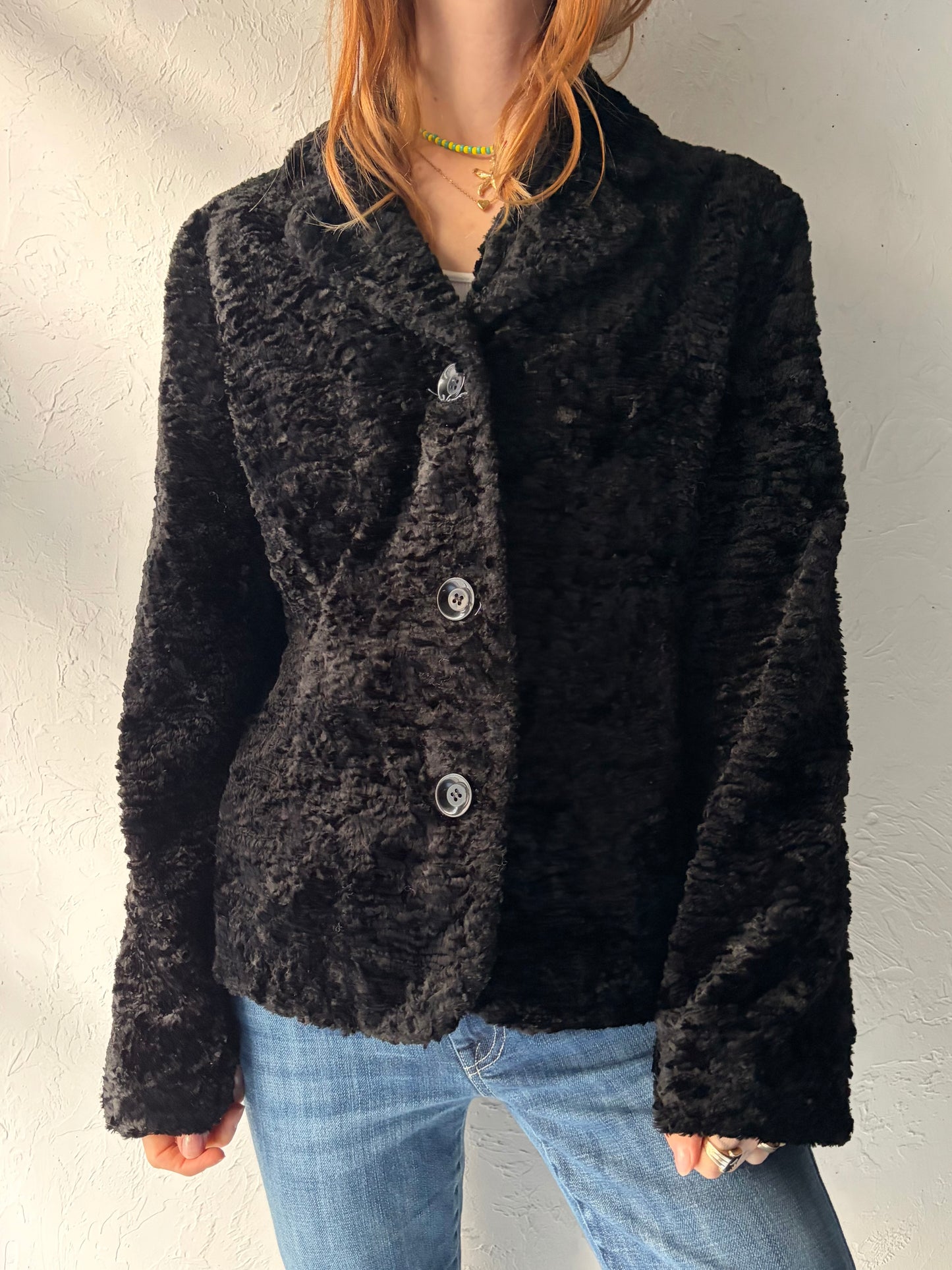 90s 'Le Chateau' Black Faux Fur Jacket / Large