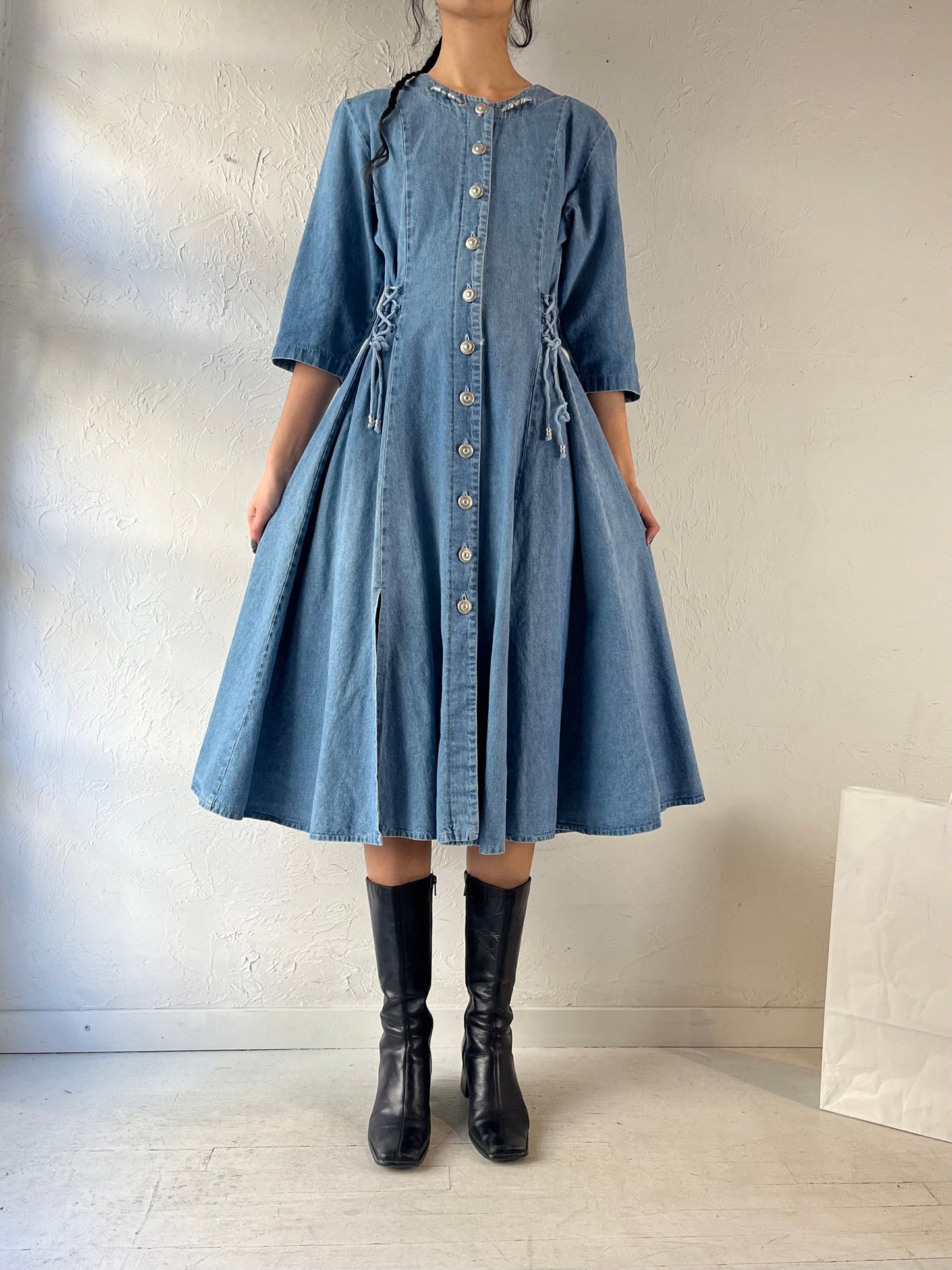 Vintage Western Button Up Denim Dress / Medium