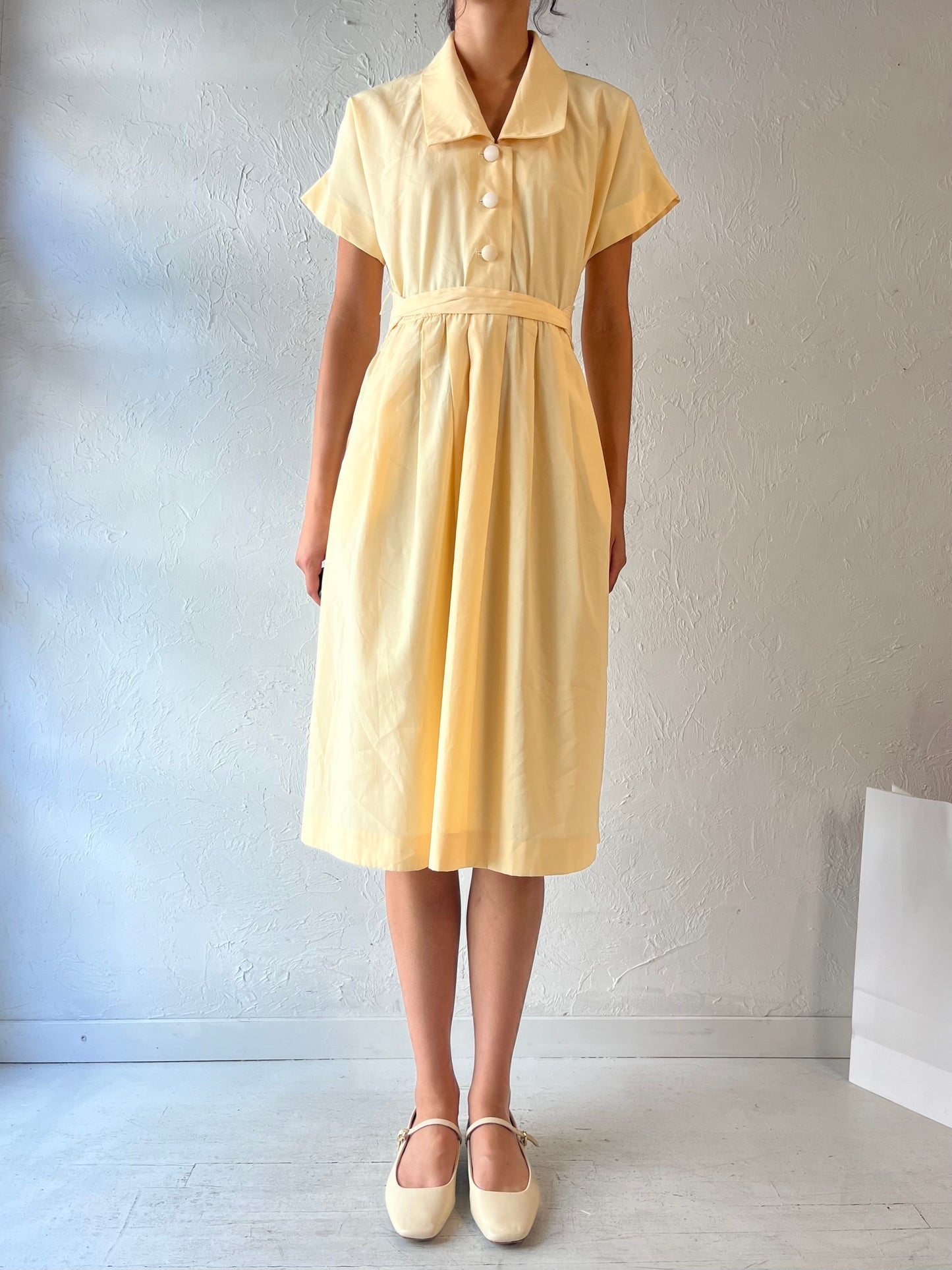 70s 'Leslie Fay' Pale Yellow Button Up Dress / Union Made / Medium