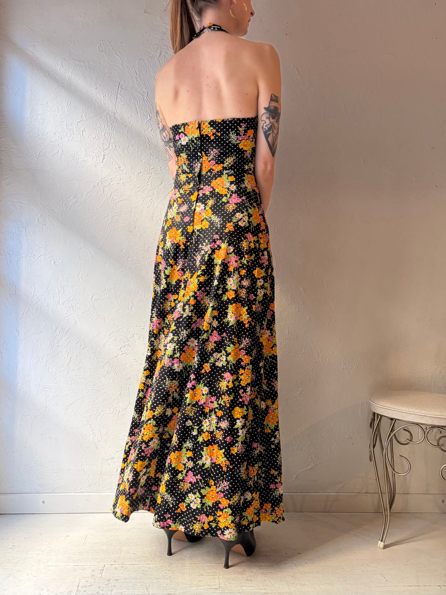 60s 70s Union Made Black Floral Hippie Halter Maxi Dress