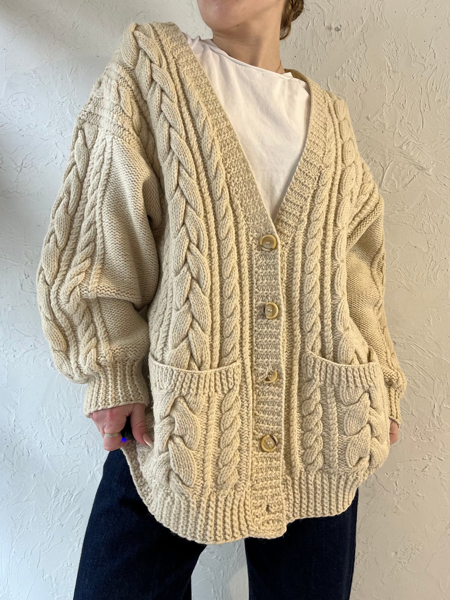 Vintage Cream Cable Knit Cardigan Sweater / Large