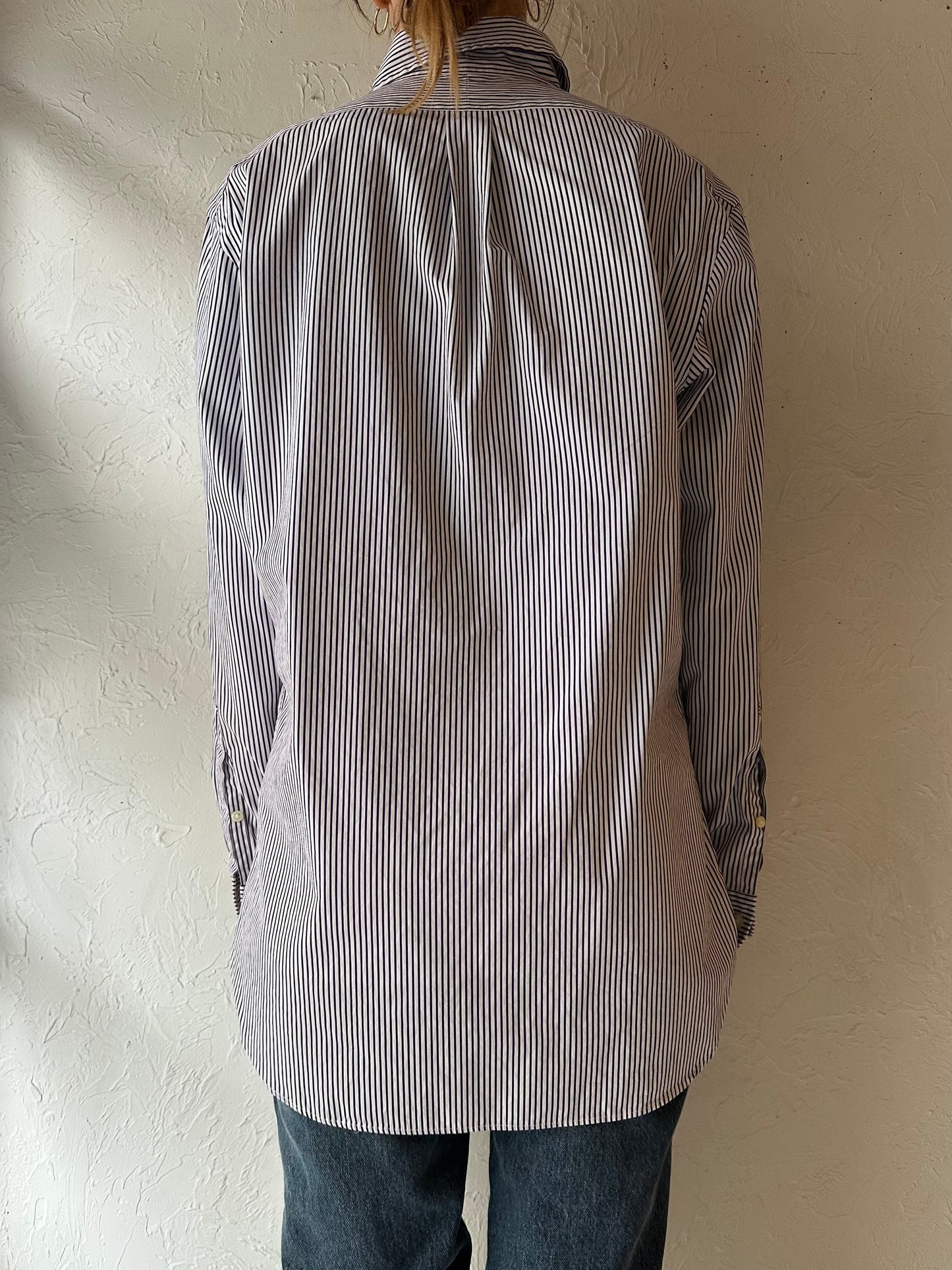 Y2k 'Ralph Lauren' Blue Striped Cotton Dress Shirt / Medium