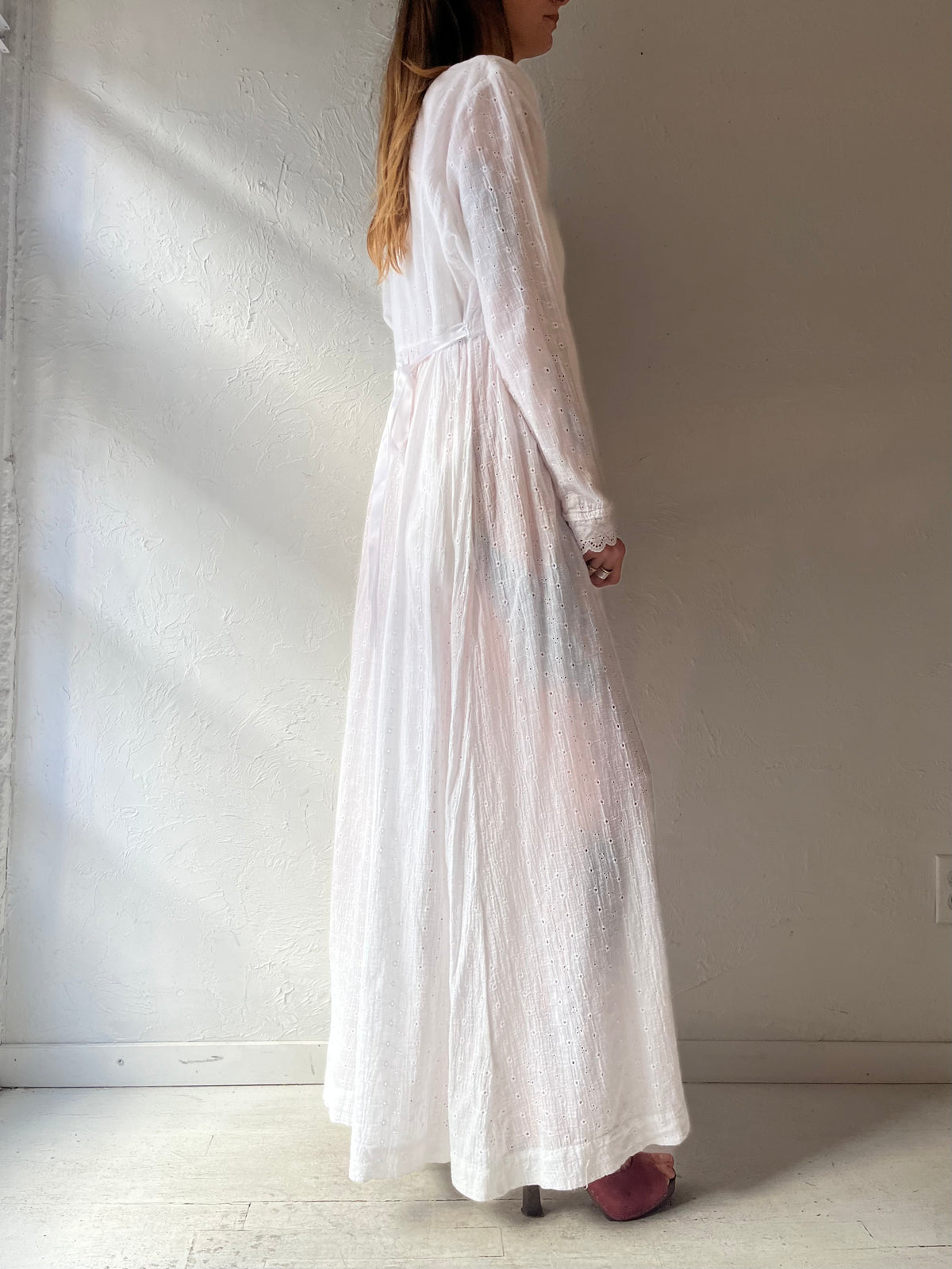 90s 'White Elegance' White Eyelet Romantic Boho Prairie Cottagecore Summer Maxi Dress /  Medium