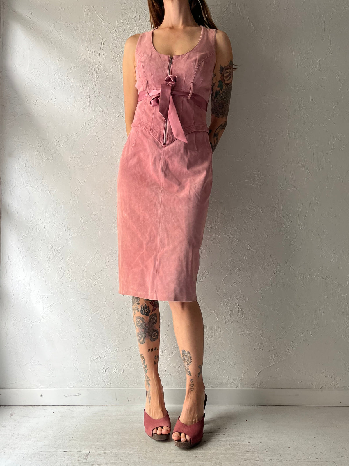 90s 'Danier' Pink Suede Fitted Sleeveless Fall Dress / Small