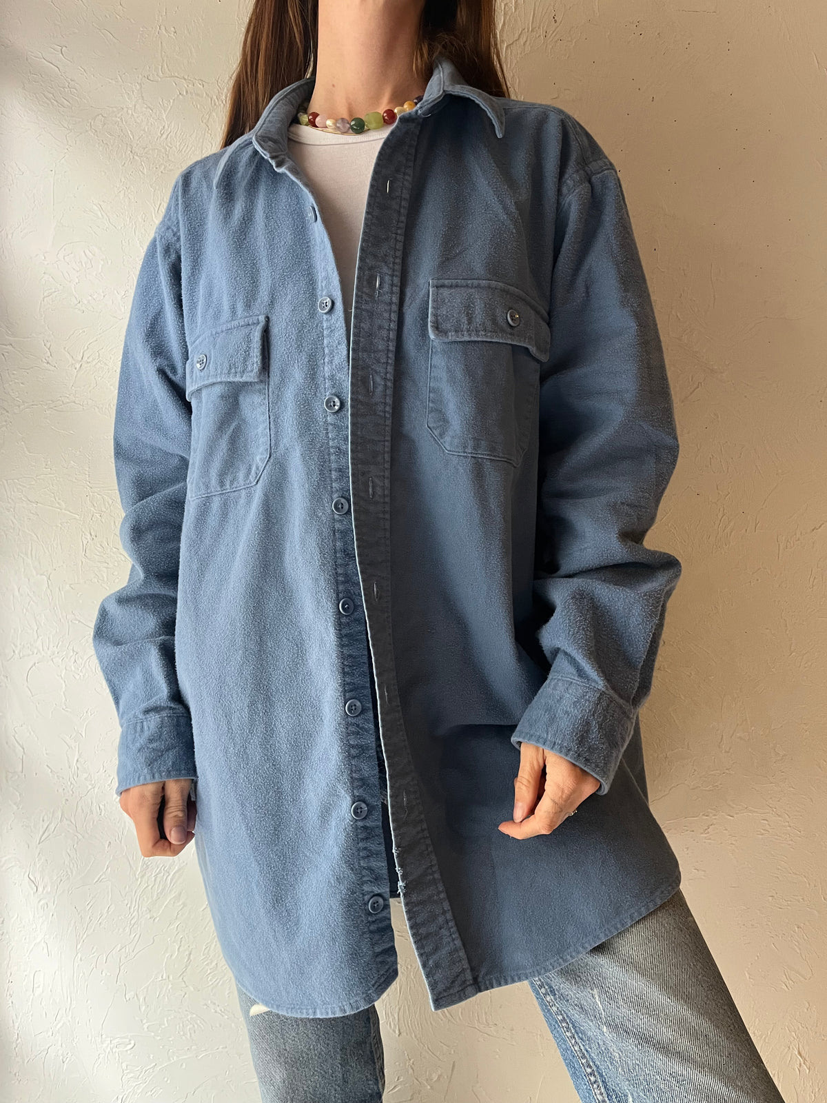 90s 'LL Bean' Blue Thick Cotton Shirt / Made in USA / Large