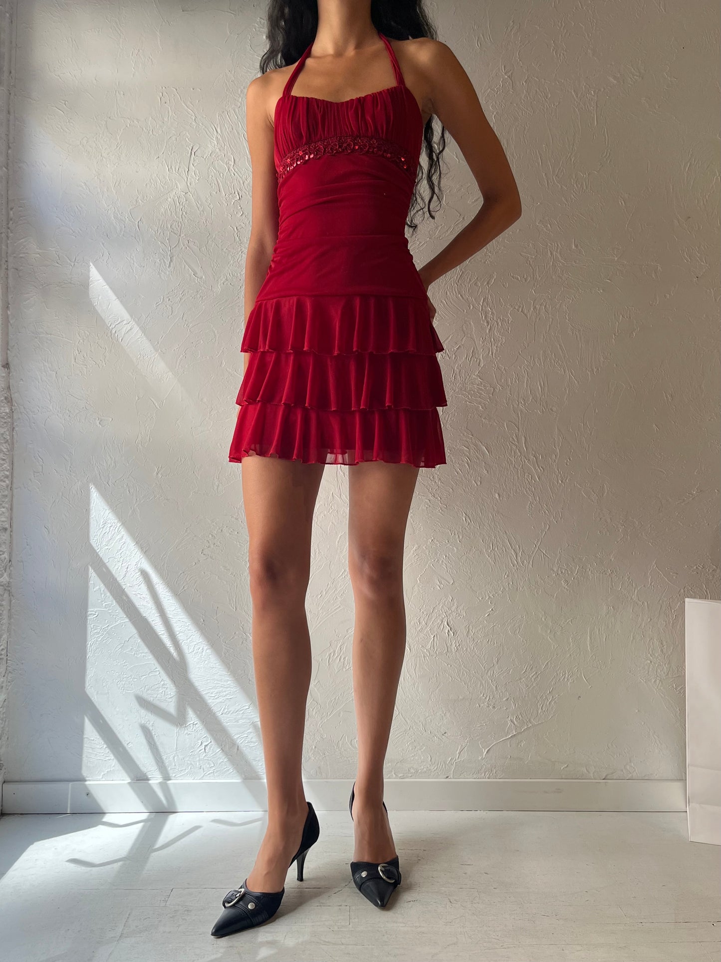 90s 'City Triangles' Red Sparkly Halter Mini Dress / Small