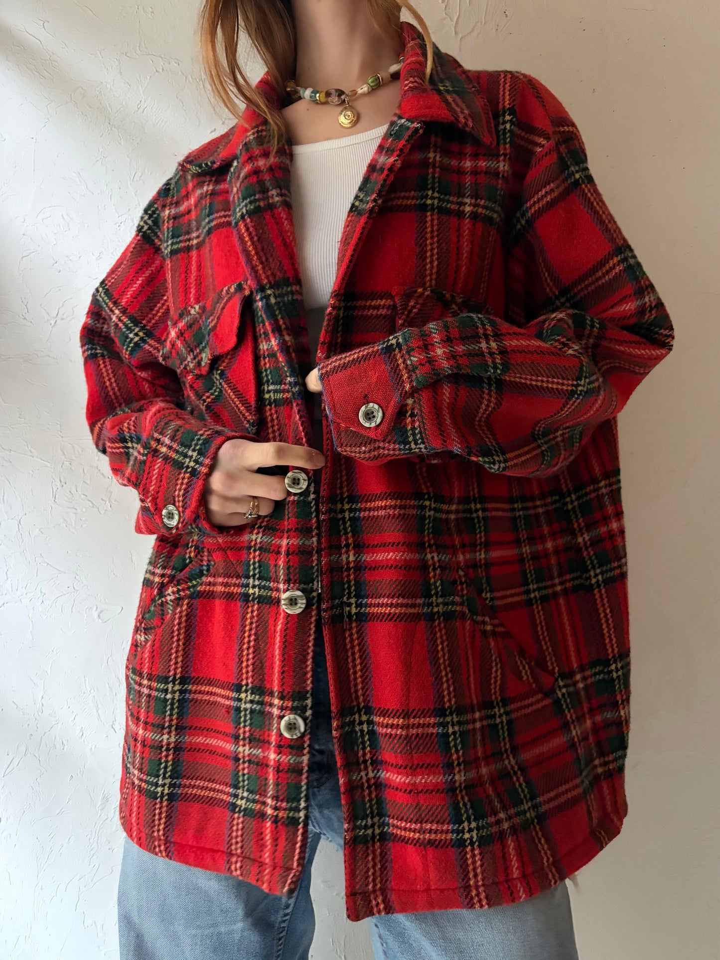 Vintage Knit Plaid Shirt Jacket / Large