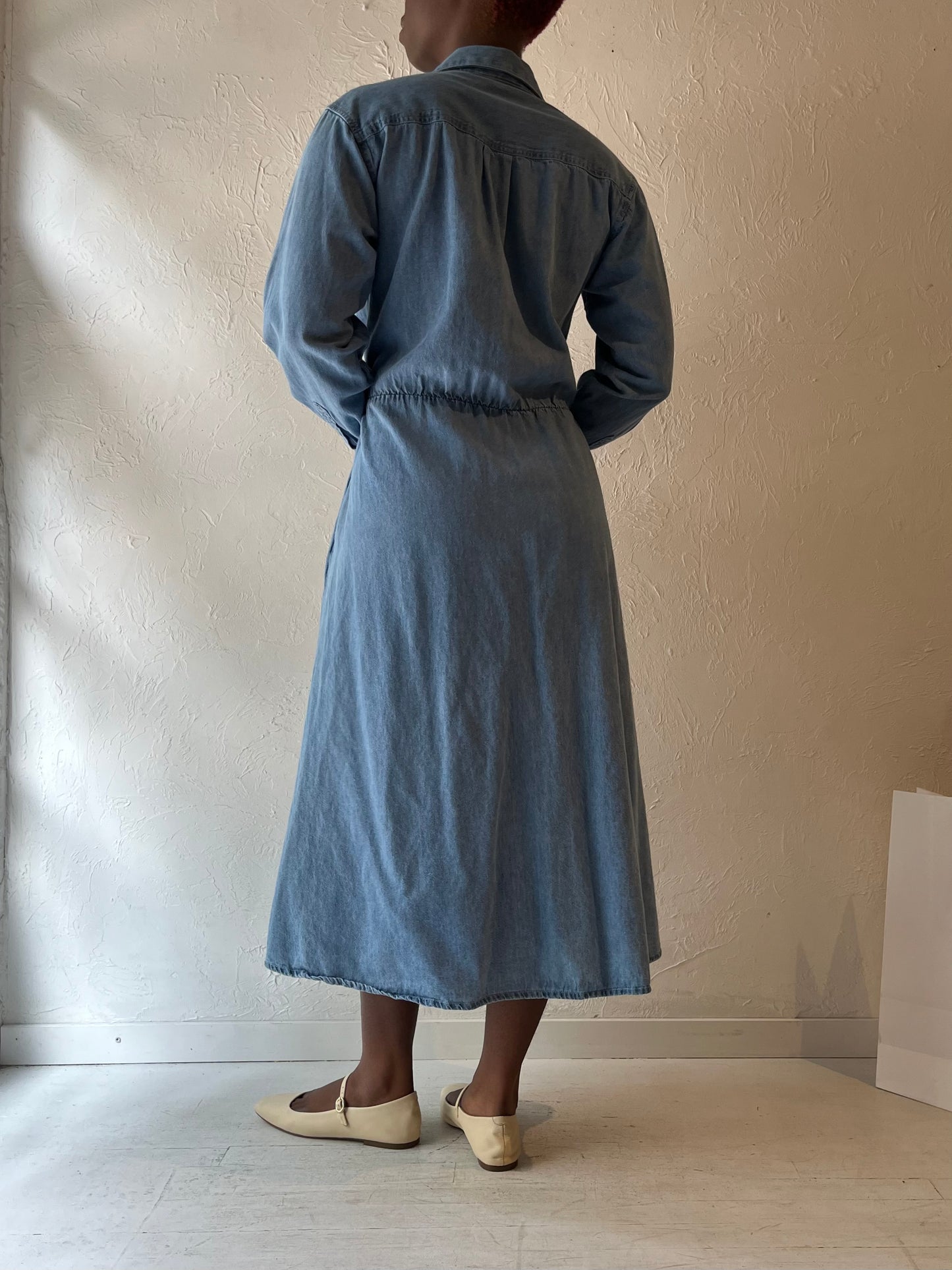 90s 'Daniel Caron' Long Sleeve Denim Dress / Medium