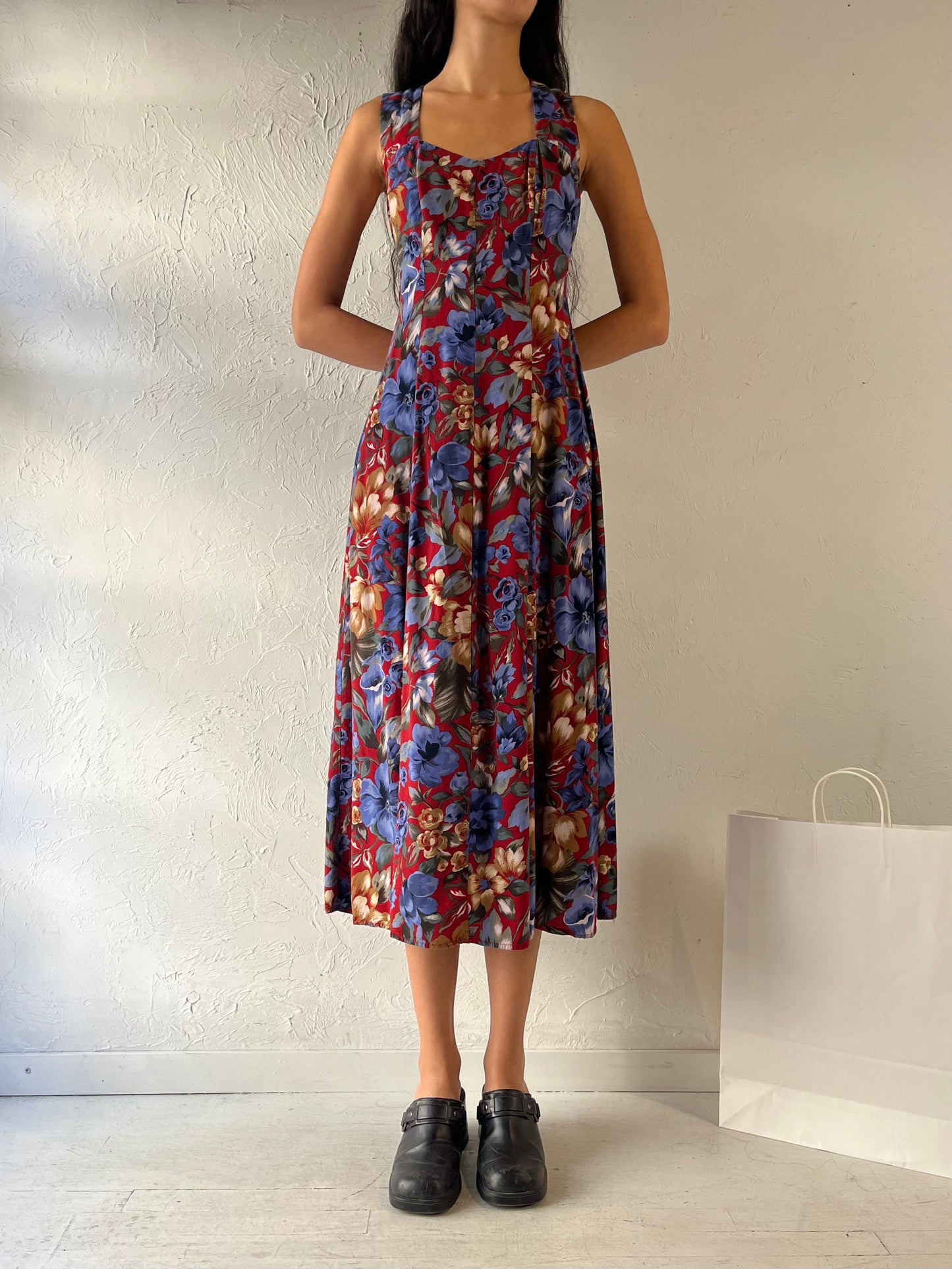 90s 'All That Jazz' Blue Floral Print Dress / Medium