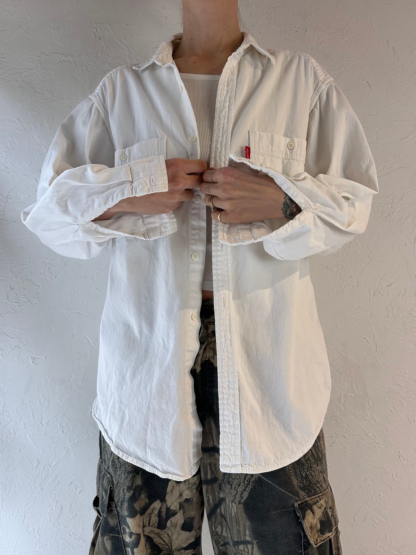 90s 'Levis' White Denim Button Up Shirt / Medium