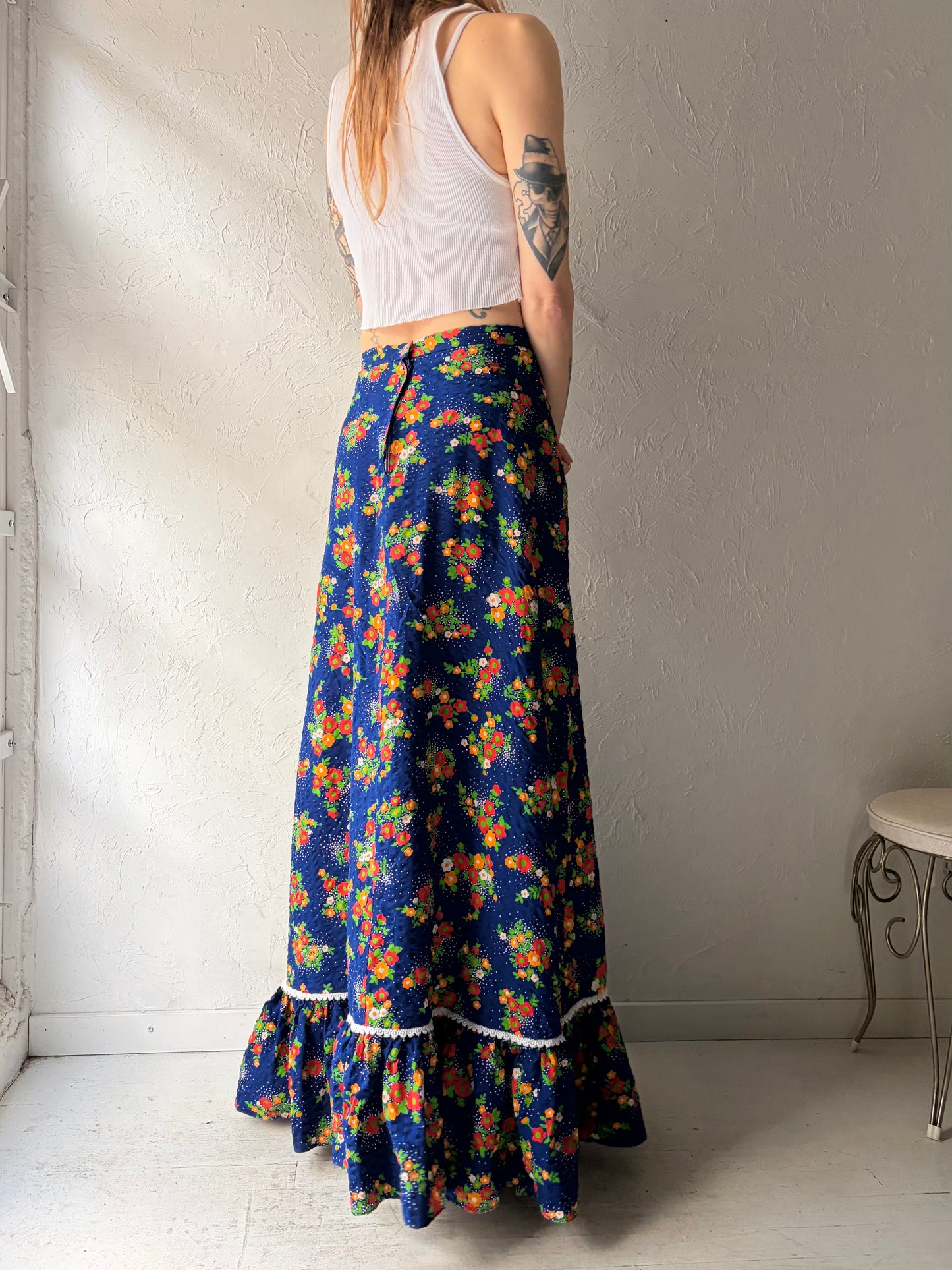 70s Floral Maxi Skirt / Small