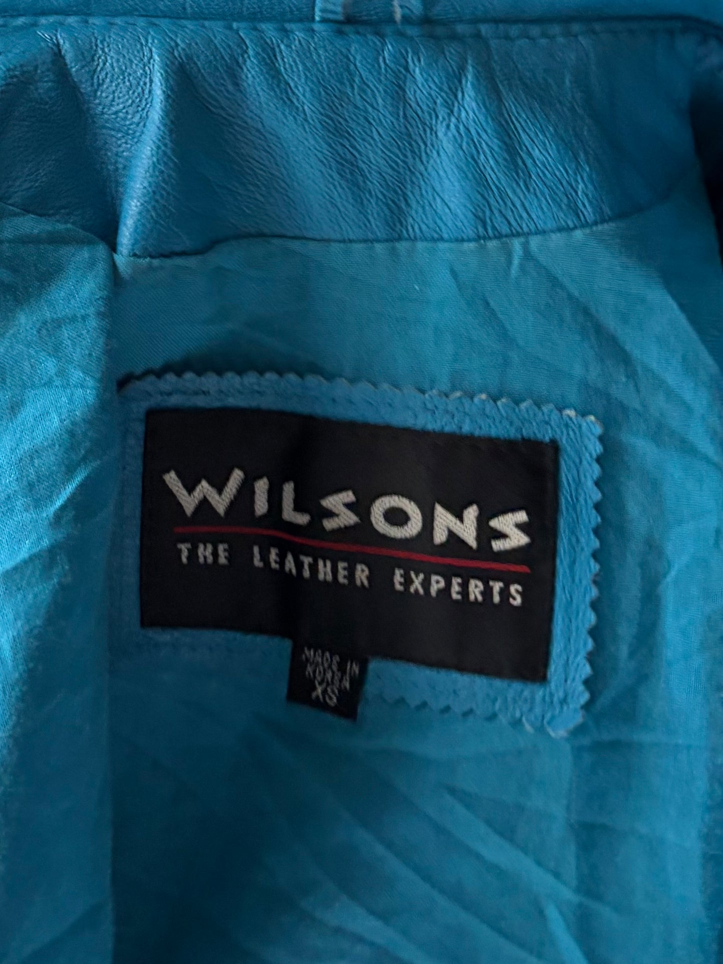 80s 'Wilsons' Blue & White Varsity Leather Bomber Jacket / Vintage 1980s Retro Letterman Style Jacket / XS