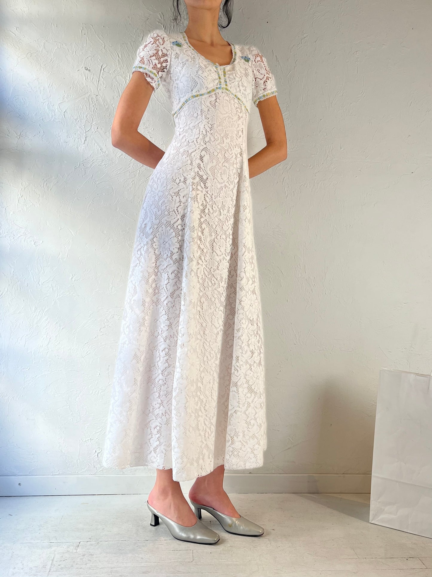 80s Peasant Style Lace Hippie Long Dress / XS