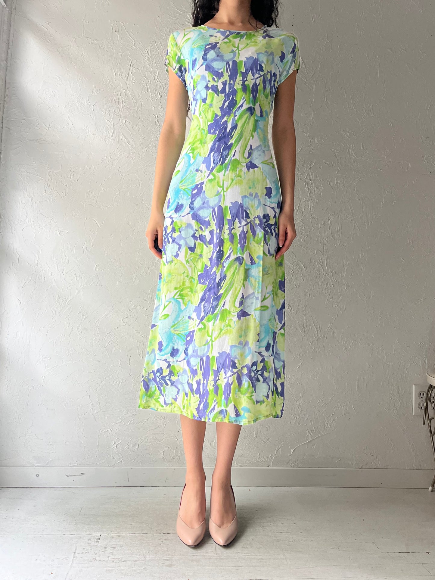 Y2k 'Karsh' Floral Rayon Midi Sundress / Vintage Garden Party Summer Dress / Small