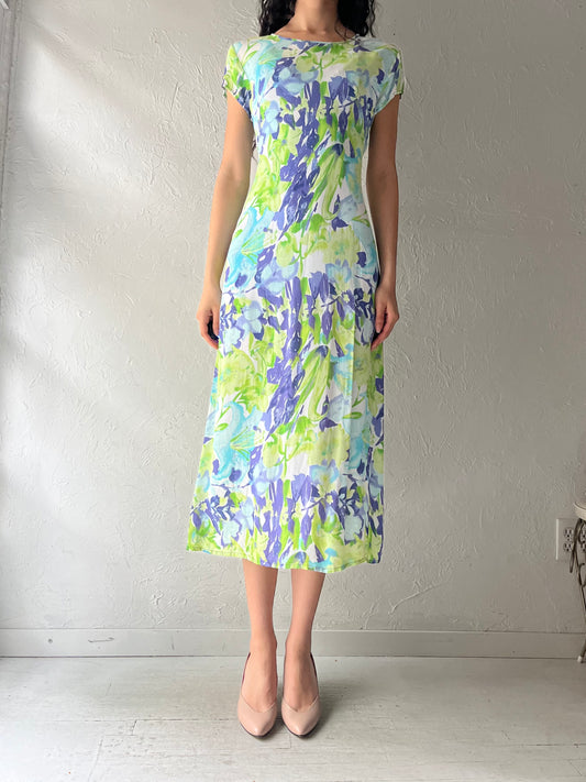 Y2k 'Karsh' Floral Rayon Midi Sundress / Vintage Garden Party Summer Dress / Small