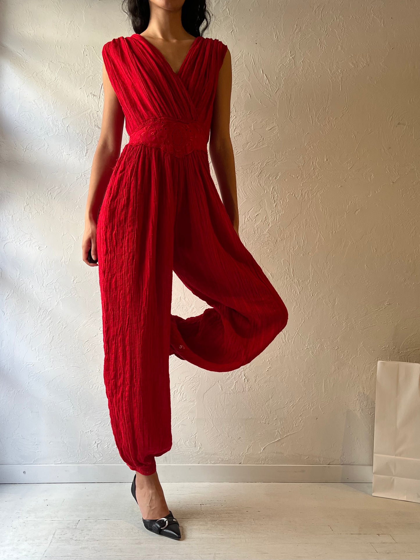 90s ‘Eva’ Red Crinkle Jumpsuit / Small