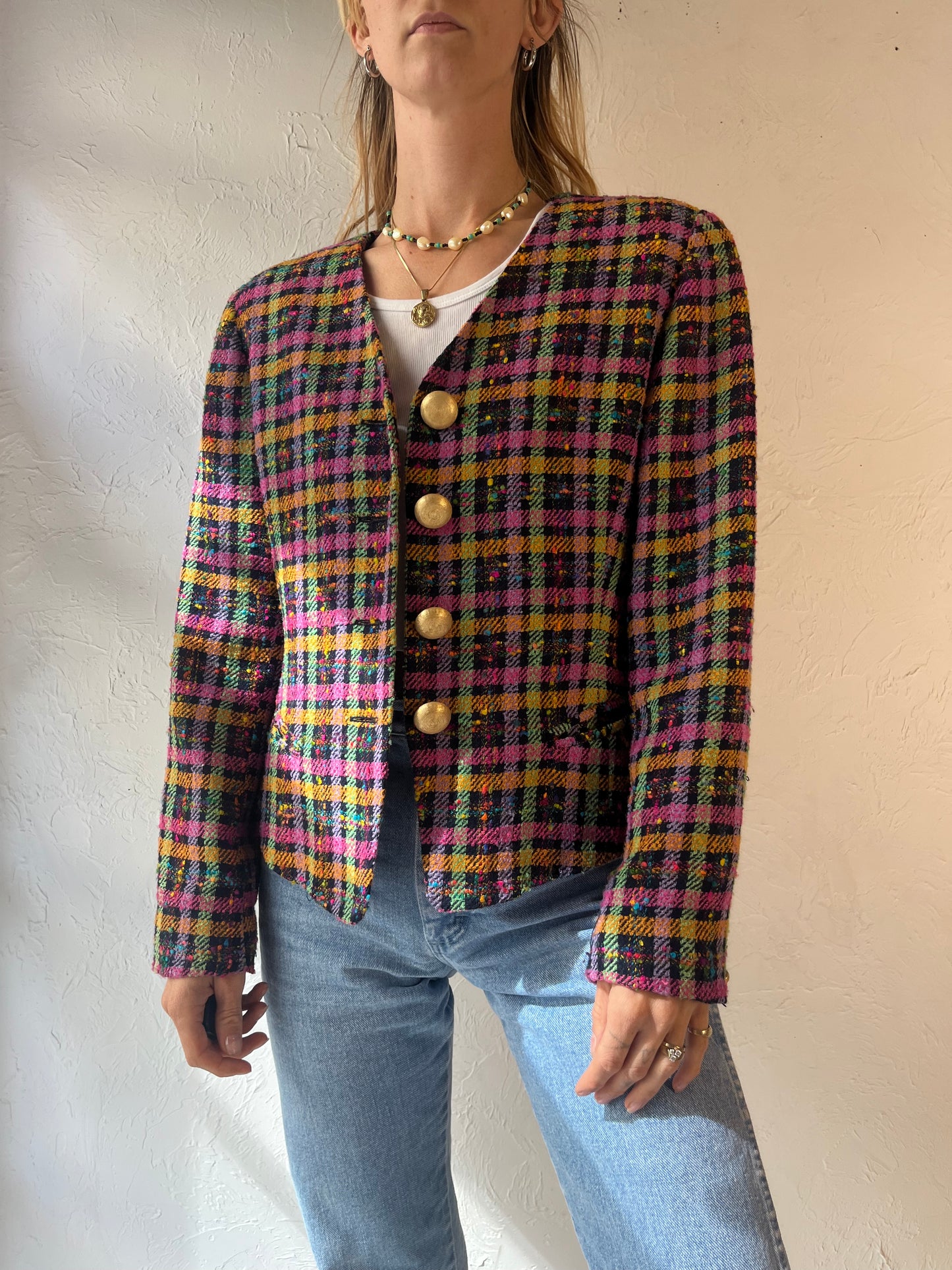 90s 'Studio J' Rainbow Tweed Jacket / Medium