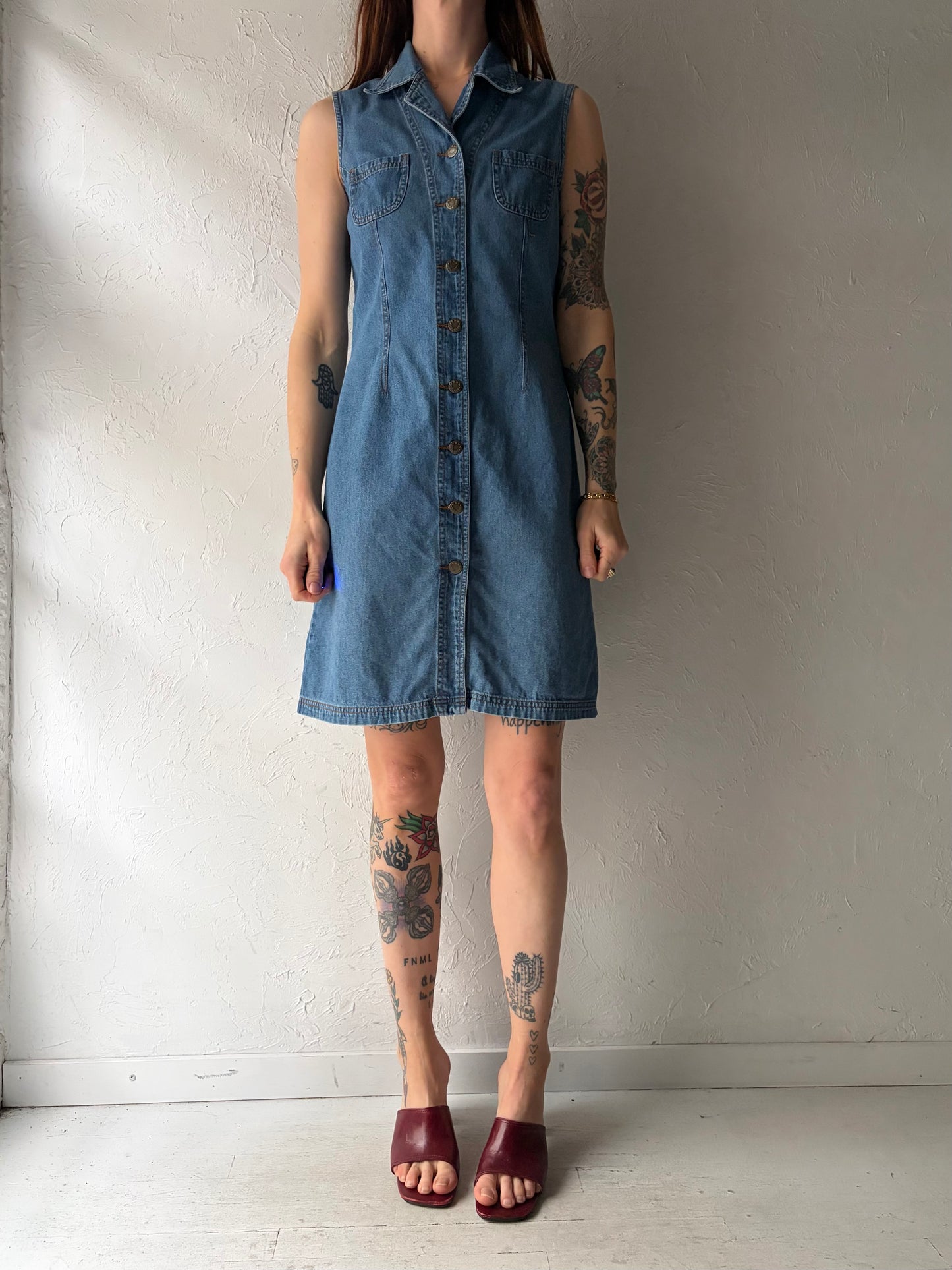 90s 'Woodpecker' Denim Western Button Up Mini Dress / Vintage 1990s Cowboy Summer Dress / Small