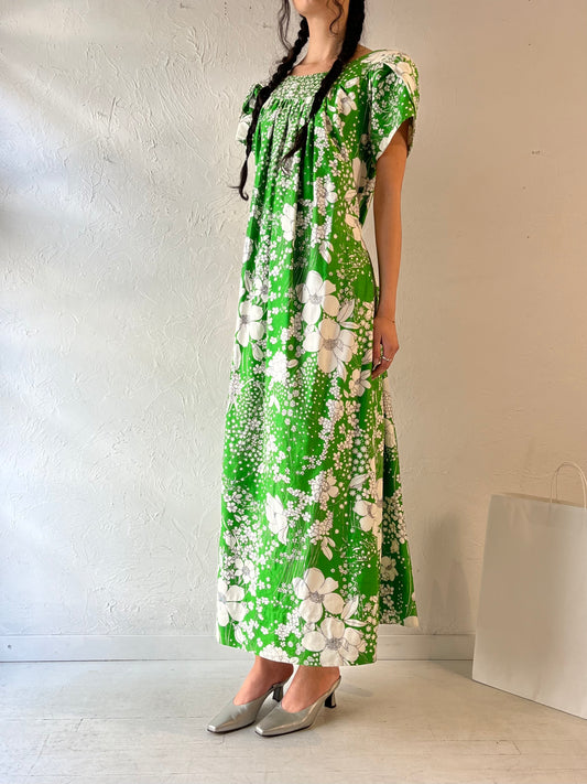 Vintage 70s Handmade Green Floral Maxi Dress / Small - Medium