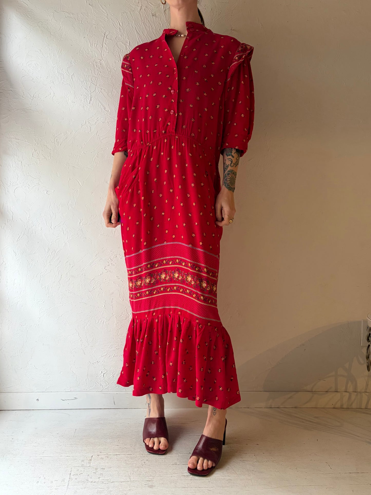 80s 'Choon' Red Floral Prairie-core Summer Dress / Medium