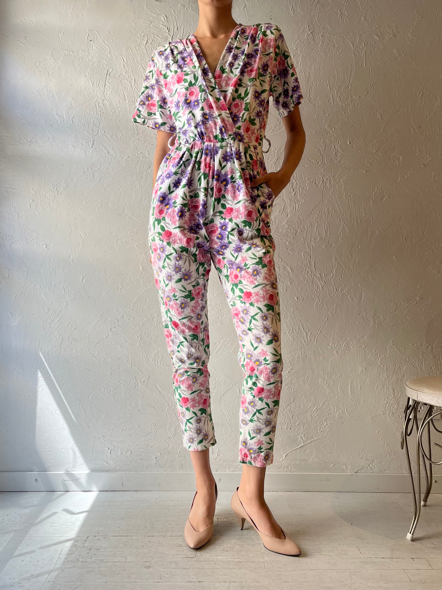 80s 'Bridge' Cotton Floral Retro Boho Jumpsuit / Vintage 1980s Cottagecore Summer One Piece / Small - Medium