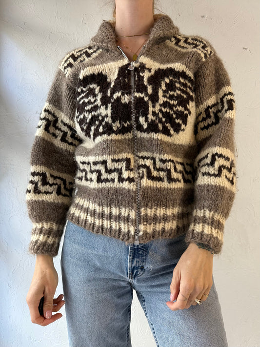 Vintage Hand Knit Zip Up Wool Eagle Sweater / Small