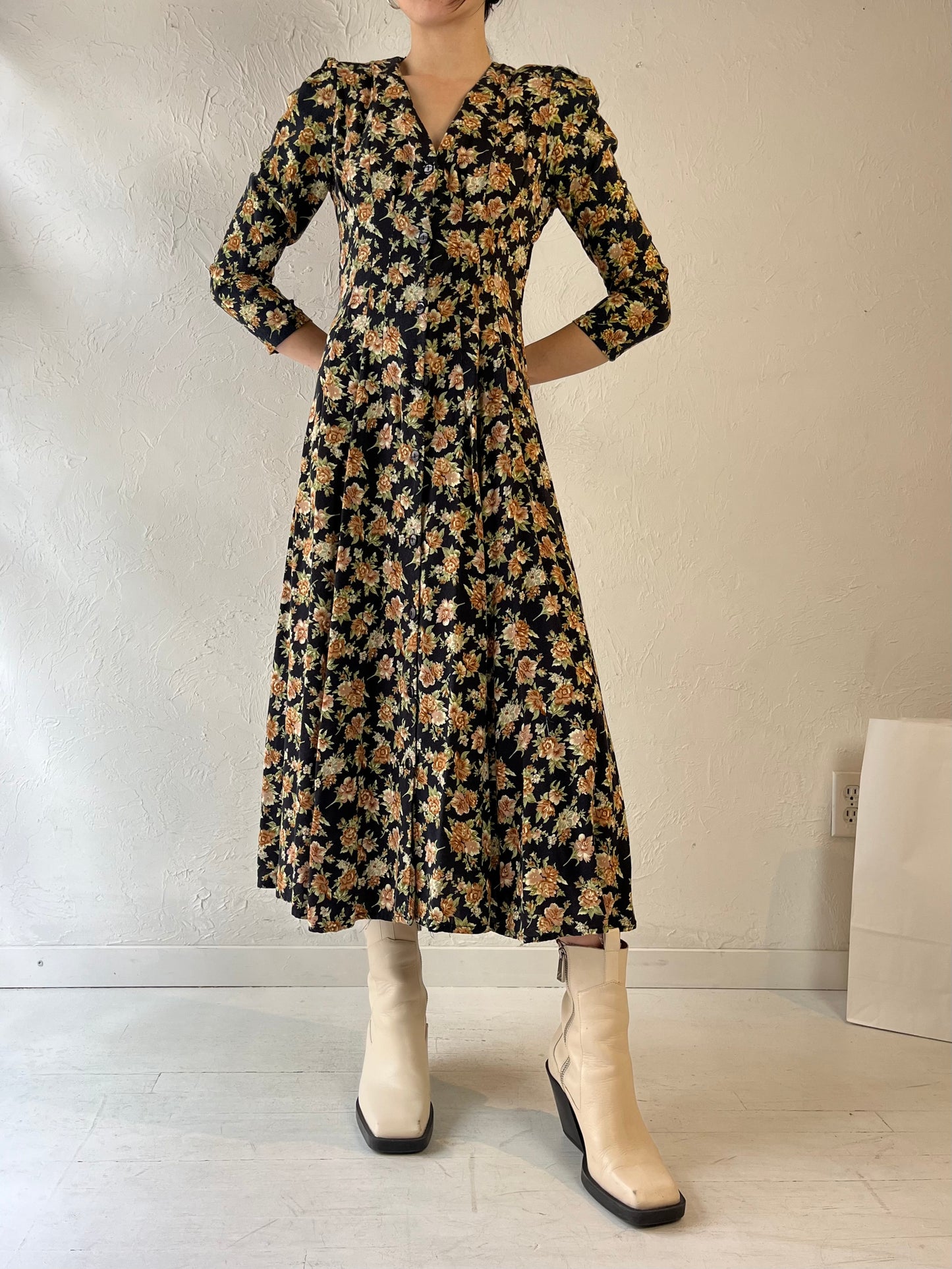 90s 'Chablis' Long Sleeve Floral Print Rayon Dress / Small