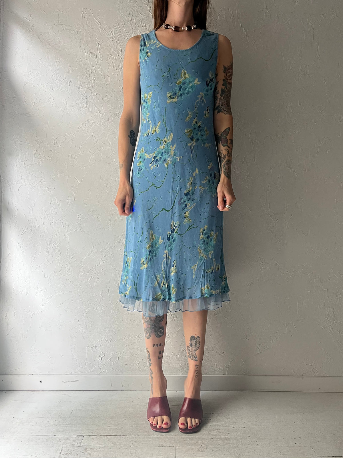 90s 'April Cornell' Blue Floral Grungecore Cottagecore Midi Dress / Small