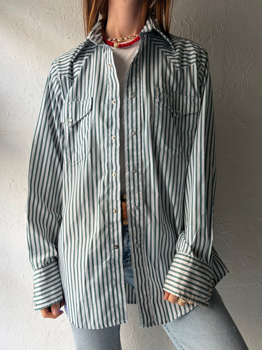 90s 'Flying Ranch Wear' Green Stripped Western Pearl Snap Up Shirt / Vintage 1990s Cowboy Workwear Shirt / Medium