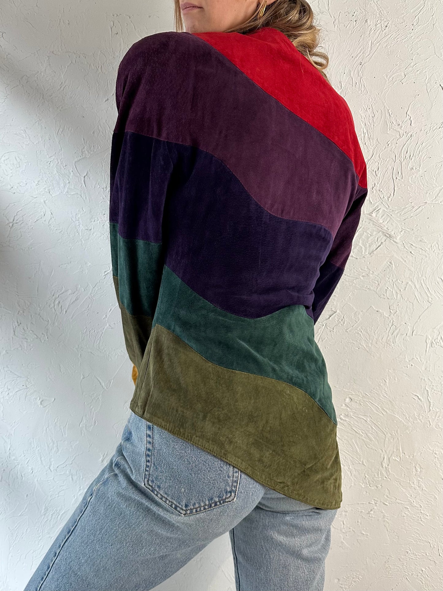 90s 'Danier' Red Purple Green Stripped Suede Blazer Jacket / Xsmall