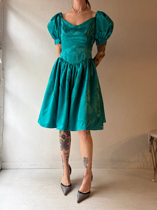 Vintage Handmade Teal Green Puff Sleeve Formal Mini Dress / Small